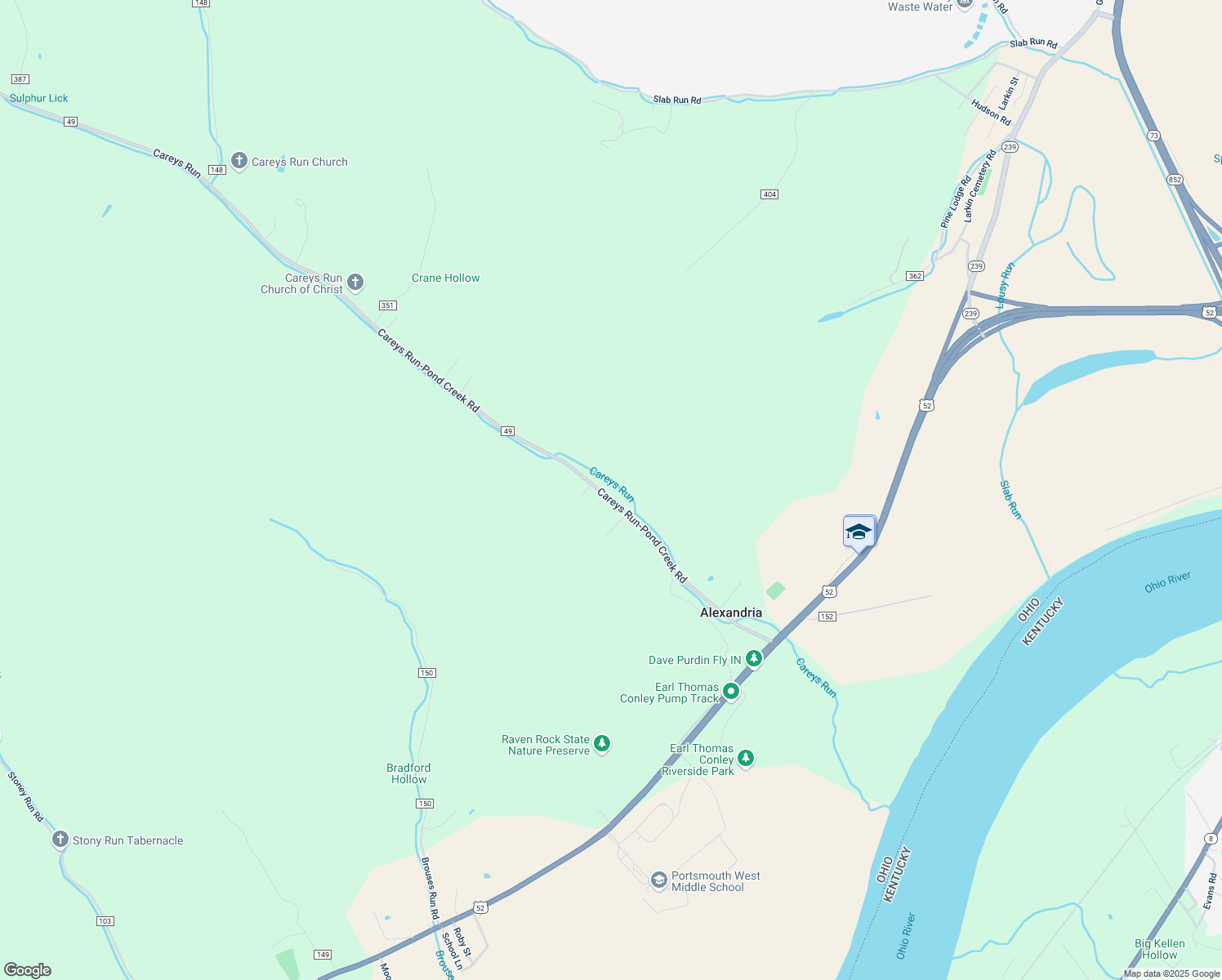 map of restaurants, bars, coffee shops, grocery stores, and more near 650 Careys Run-Pond Creek Road in West Portsmouth