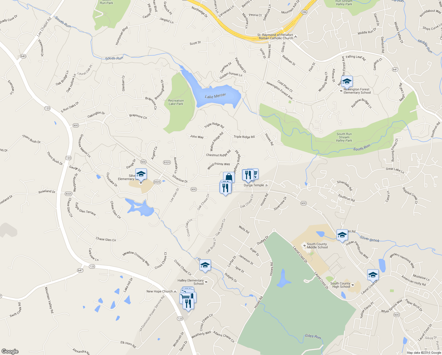 map of restaurants, bars, coffee shops, grocery stores, and more near 9103 Silver Pointe Way in Fairfax Station