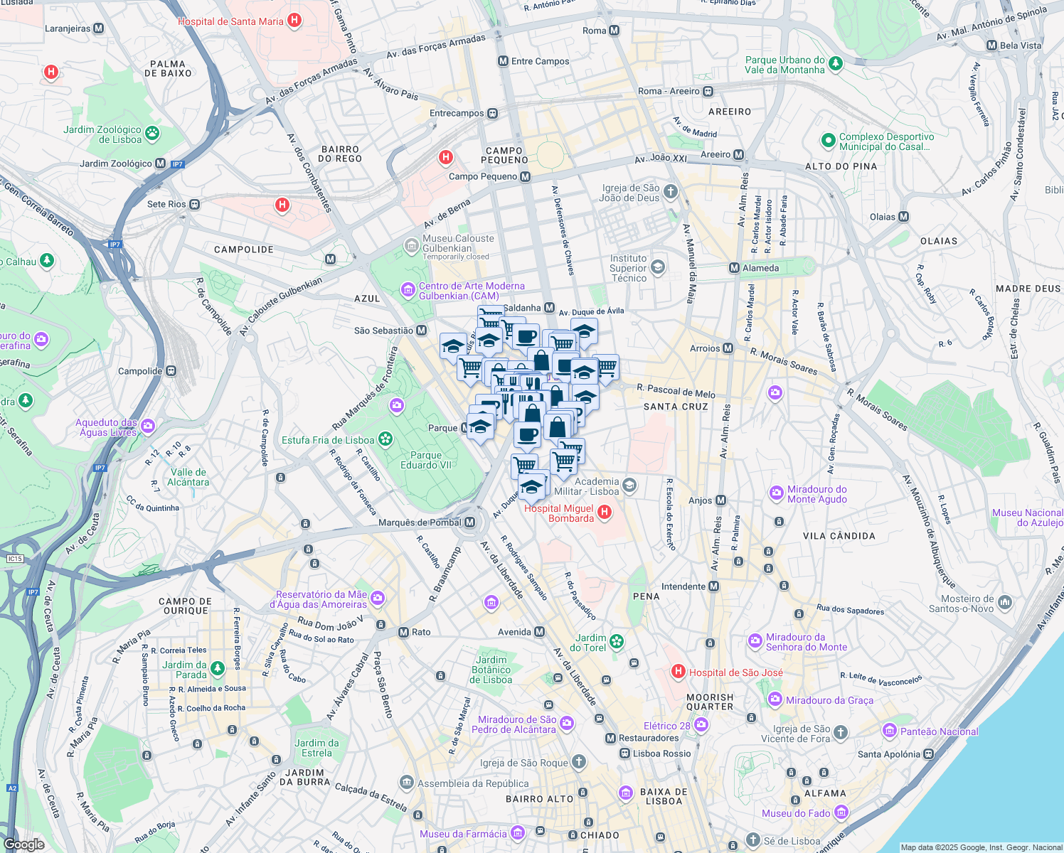 map of restaurants, bars, coffee shops, grocery stores, and more near 32 Rua Andrade Corvo in Lisboa