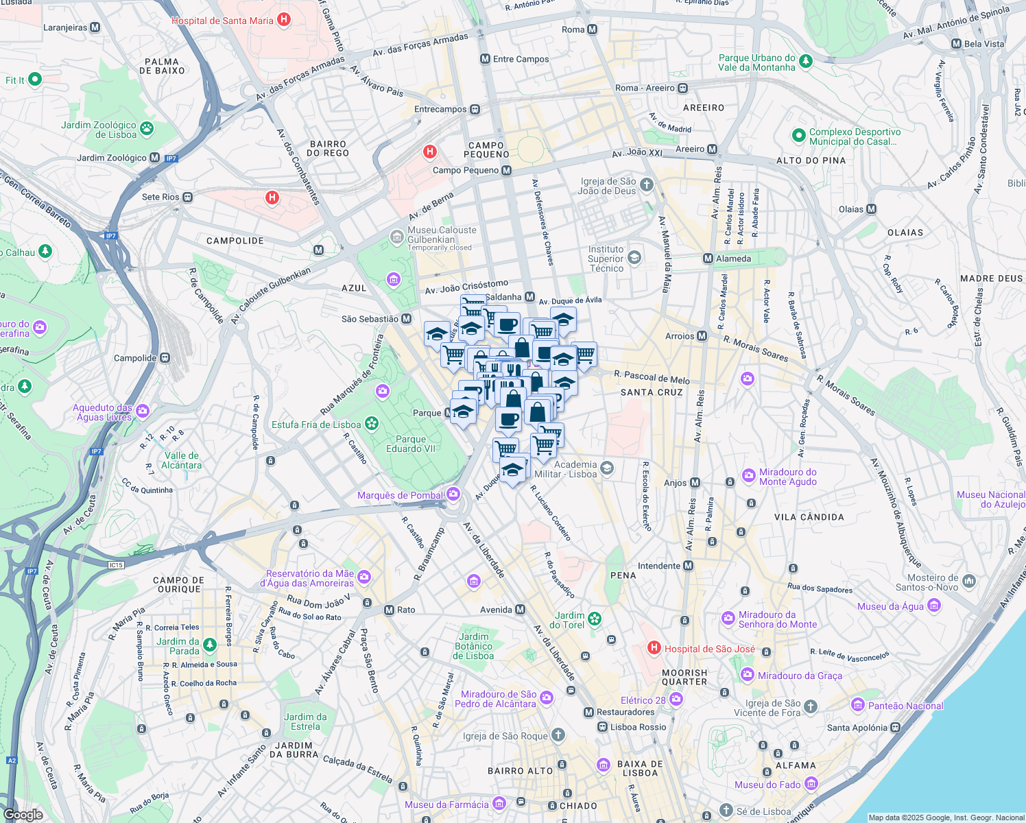 map of restaurants, bars, coffee shops, grocery stores, and more near 32 Rua Andrade Corvo in Lisboa
