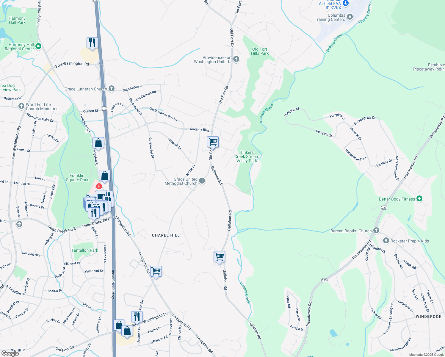 map of restaurants, bars, coffee shops, grocery stores, and more near 11516 Old Fort Road in Fort Washington