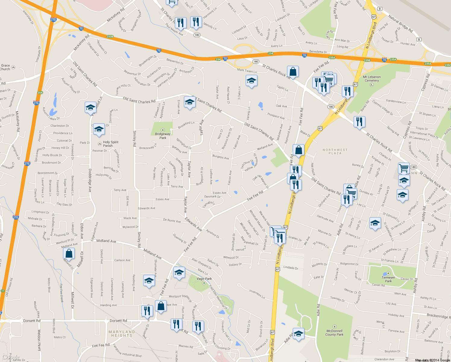 map of restaurants, bars, coffee shops, grocery stores, and more near 3435 Falcon Ave in Bridgeton