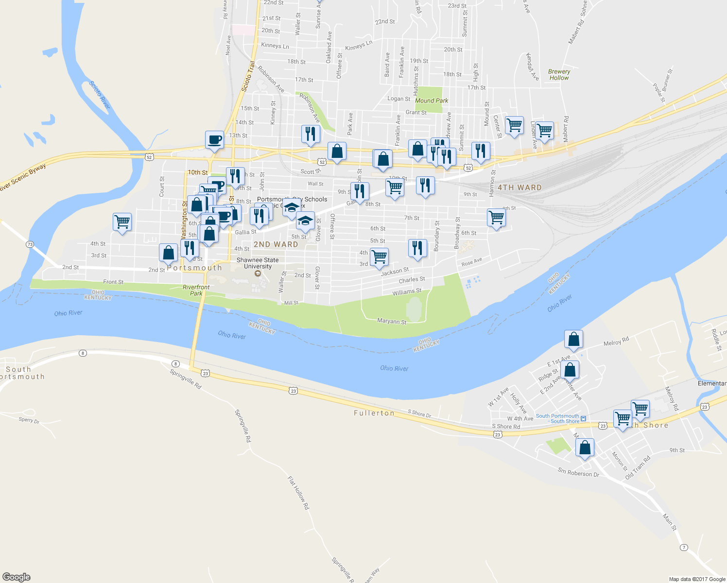 map of restaurants, bars, coffee shops, grocery stores, and more near 1072 Maryann Street in Portsmouth