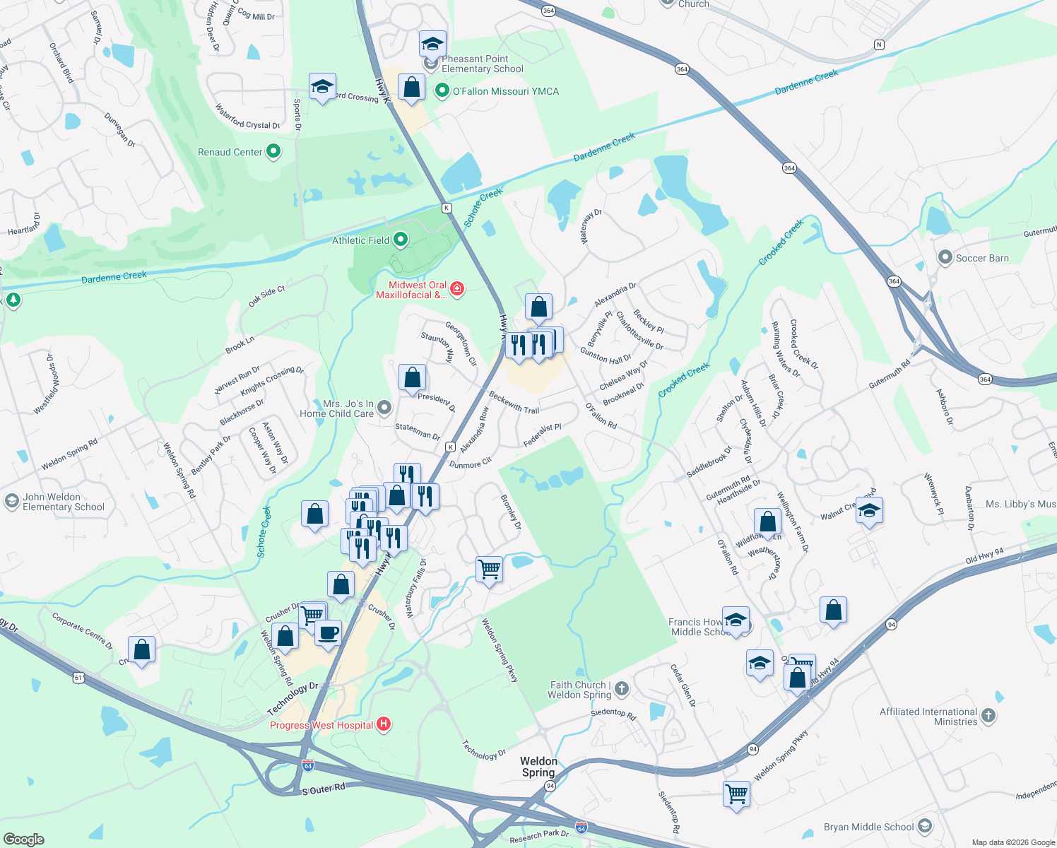 map of restaurants, bars, coffee shops, grocery stores, and more near 2421 Tuckahoe Circle in O'Fallon