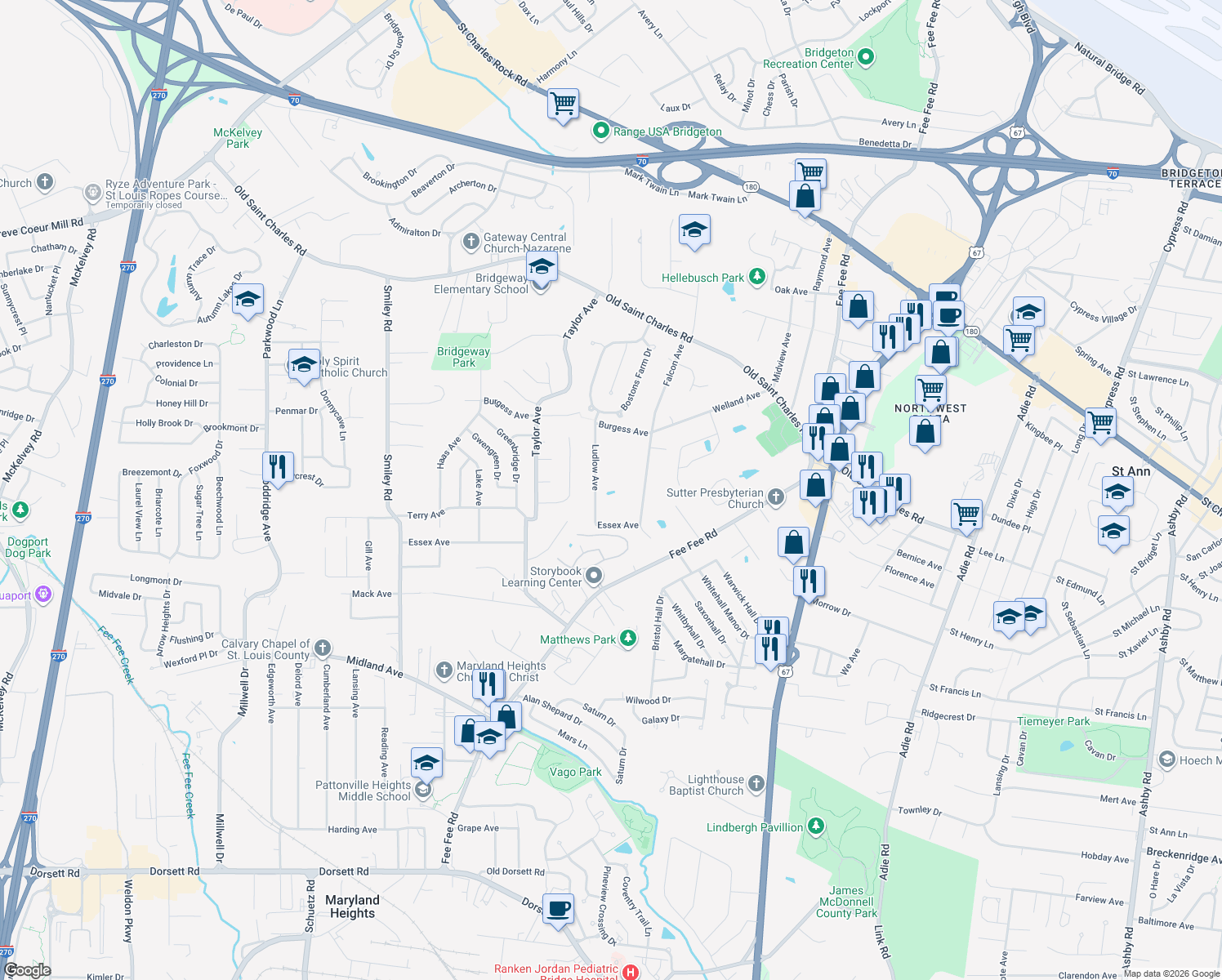 map of restaurants, bars, coffee shops, grocery stores, and more near 3395 Ludlow Avenue in Bridgeton