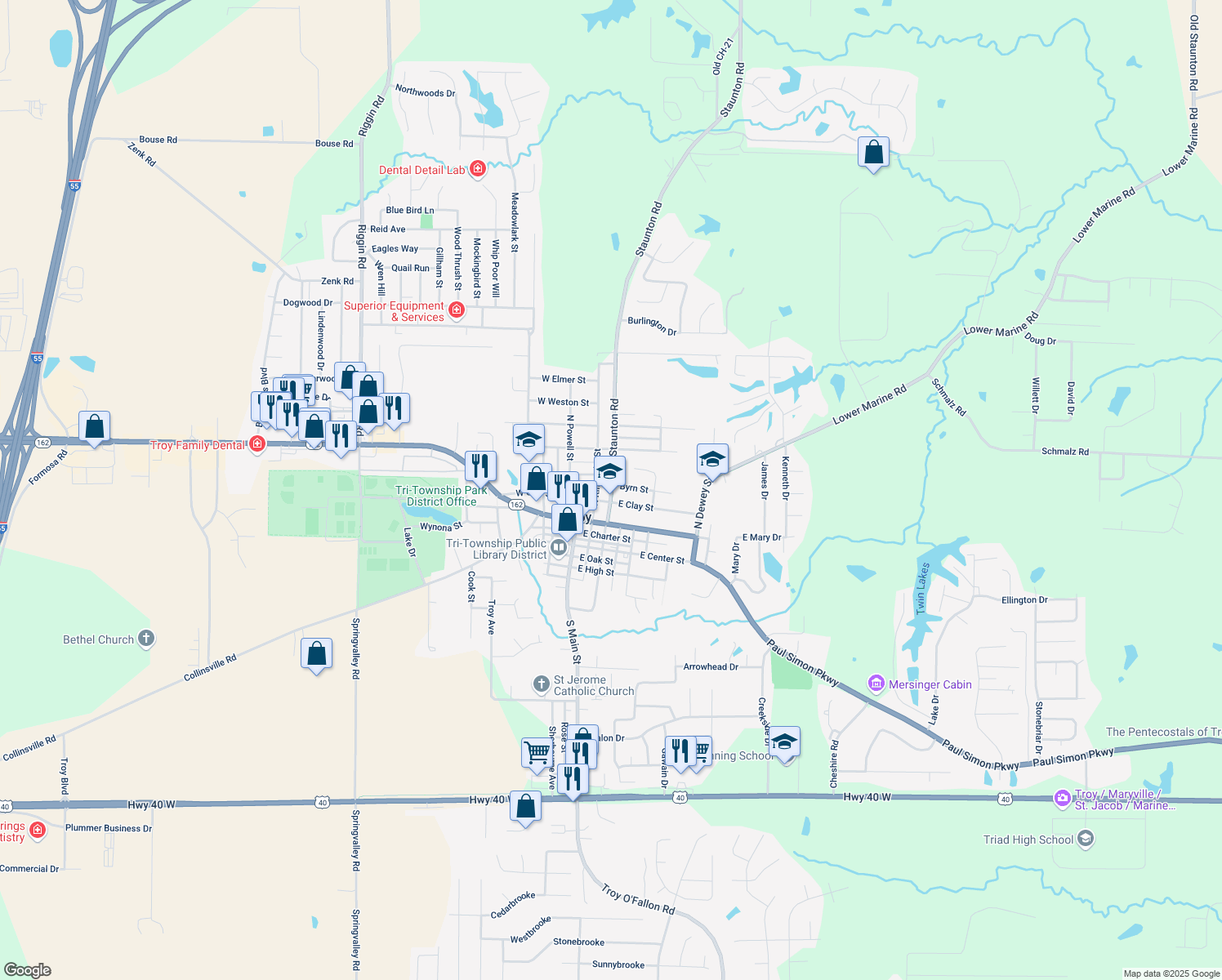 map of restaurants, bars, coffee shops, grocery stores, and more near 214 Staunton Road in Troy