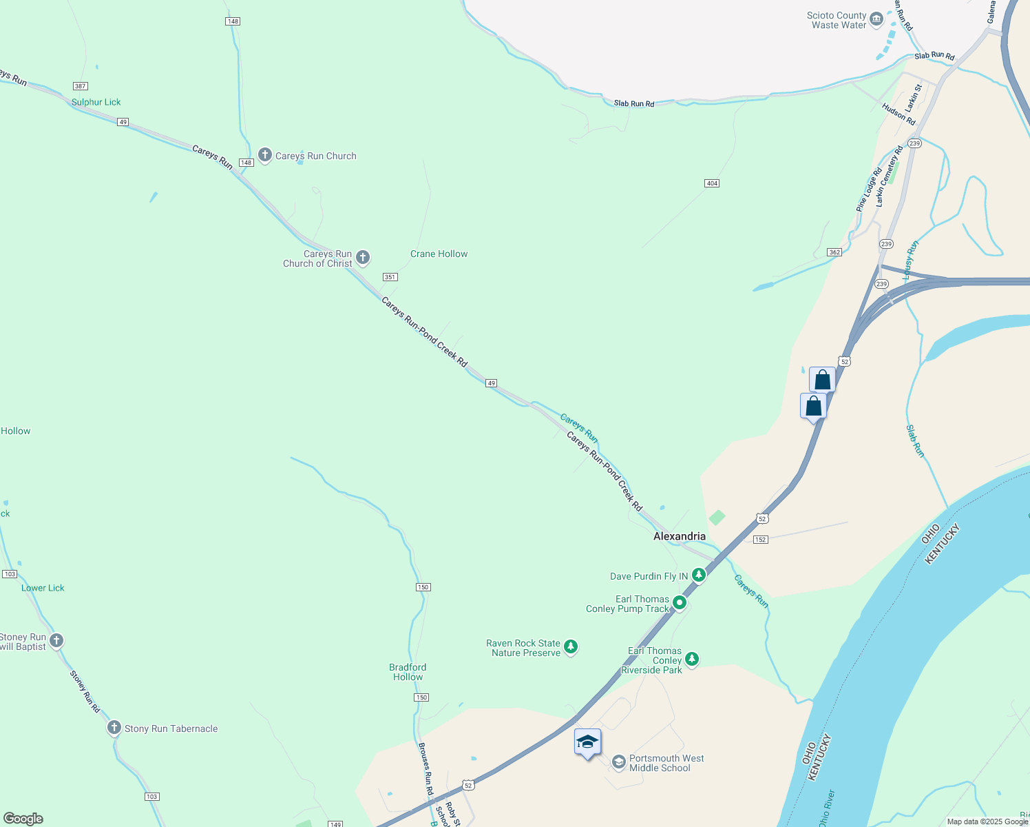 map of restaurants, bars, coffee shops, grocery stores, and more near 650 Careys Run-Pond Creek Road in West Portsmouth