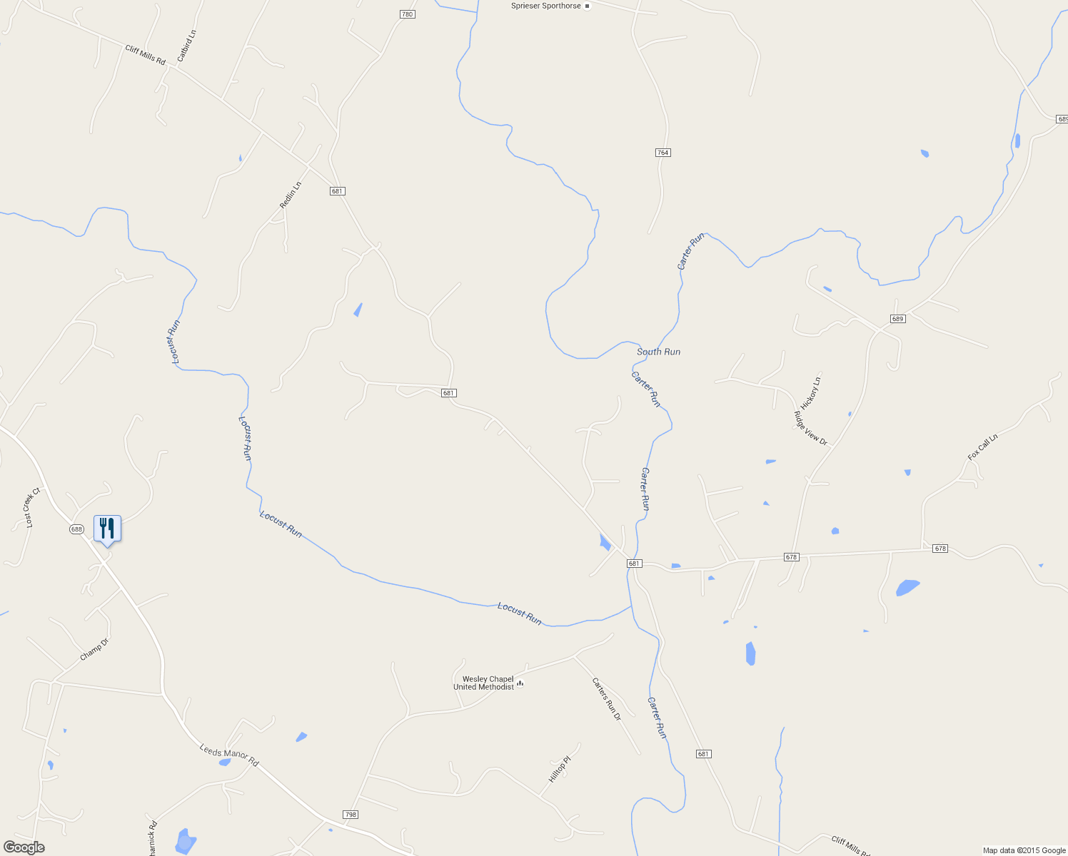map of restaurants, bars, coffee shops, grocery stores, and more near 10010 Cliff Mills Road in Marshall