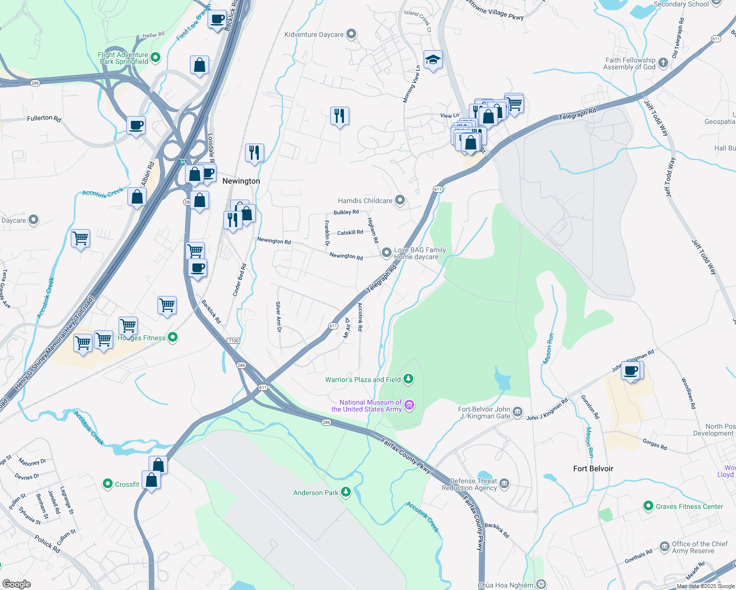 map of restaurants, bars, coffee shops, grocery stores, and more near 6677 Hanson Lane in Lorton