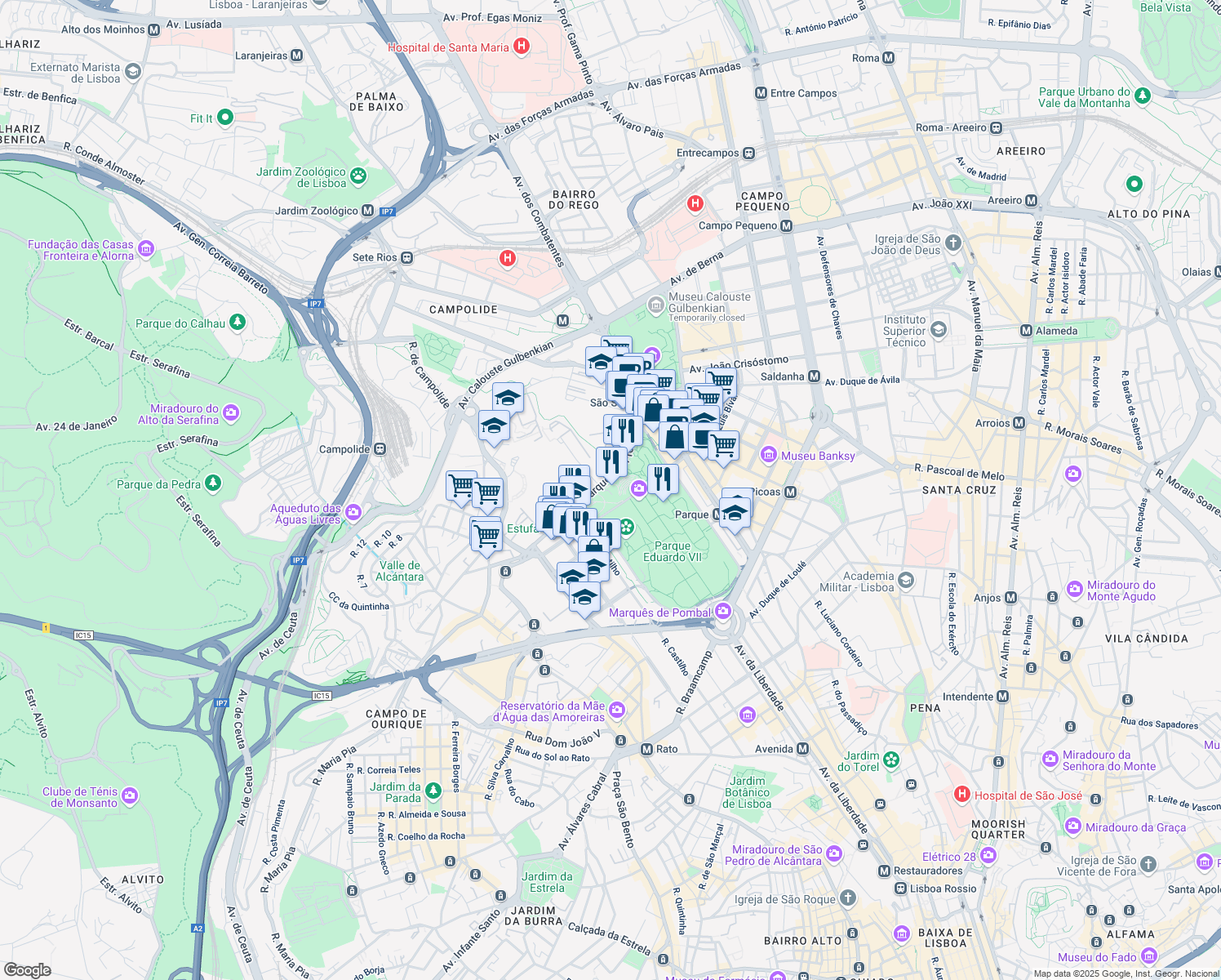 map of restaurants, bars, coffee shops, grocery stores, and more near Alameda Cardeal Cerejeira in Lisboa