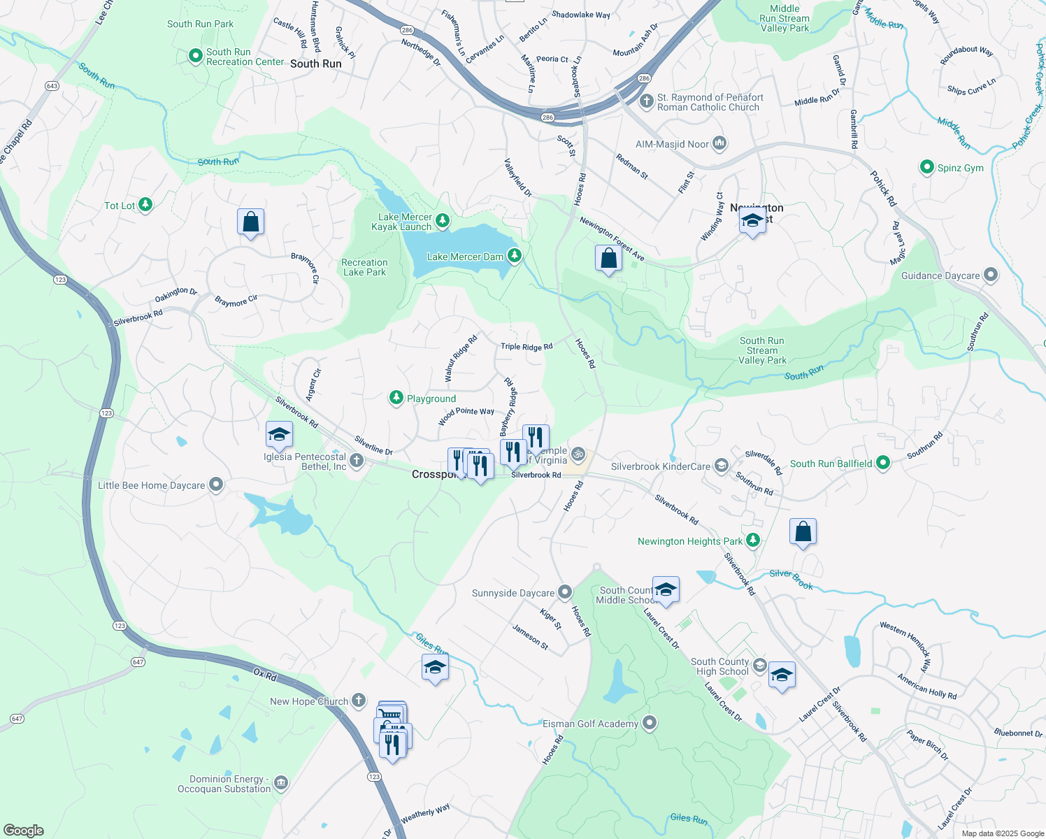 map of restaurants, bars, coffee shops, grocery stores, and more near 8407 Copperleaf Court in Fairfax Station