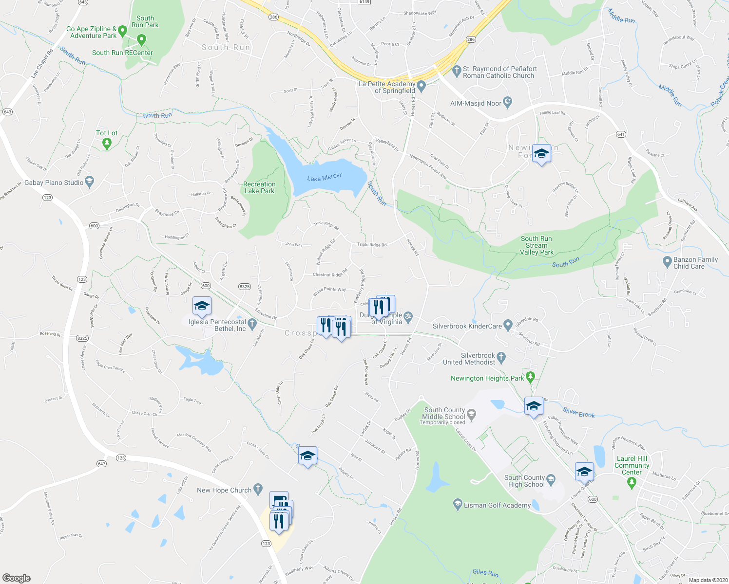 map of restaurants, bars, coffee shops, grocery stores, and more near 8406 Copperleaf Court in Fairfax Station