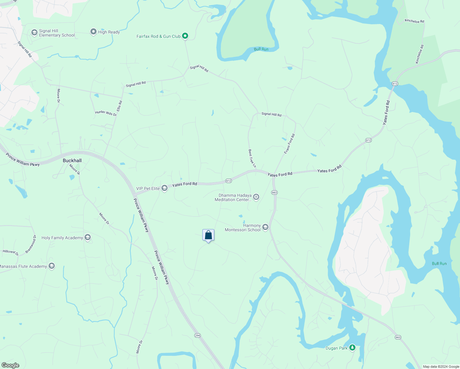 map of restaurants, bars, coffee shops, grocery stores, and more near 10301 Bear Creek Drive in Manassas