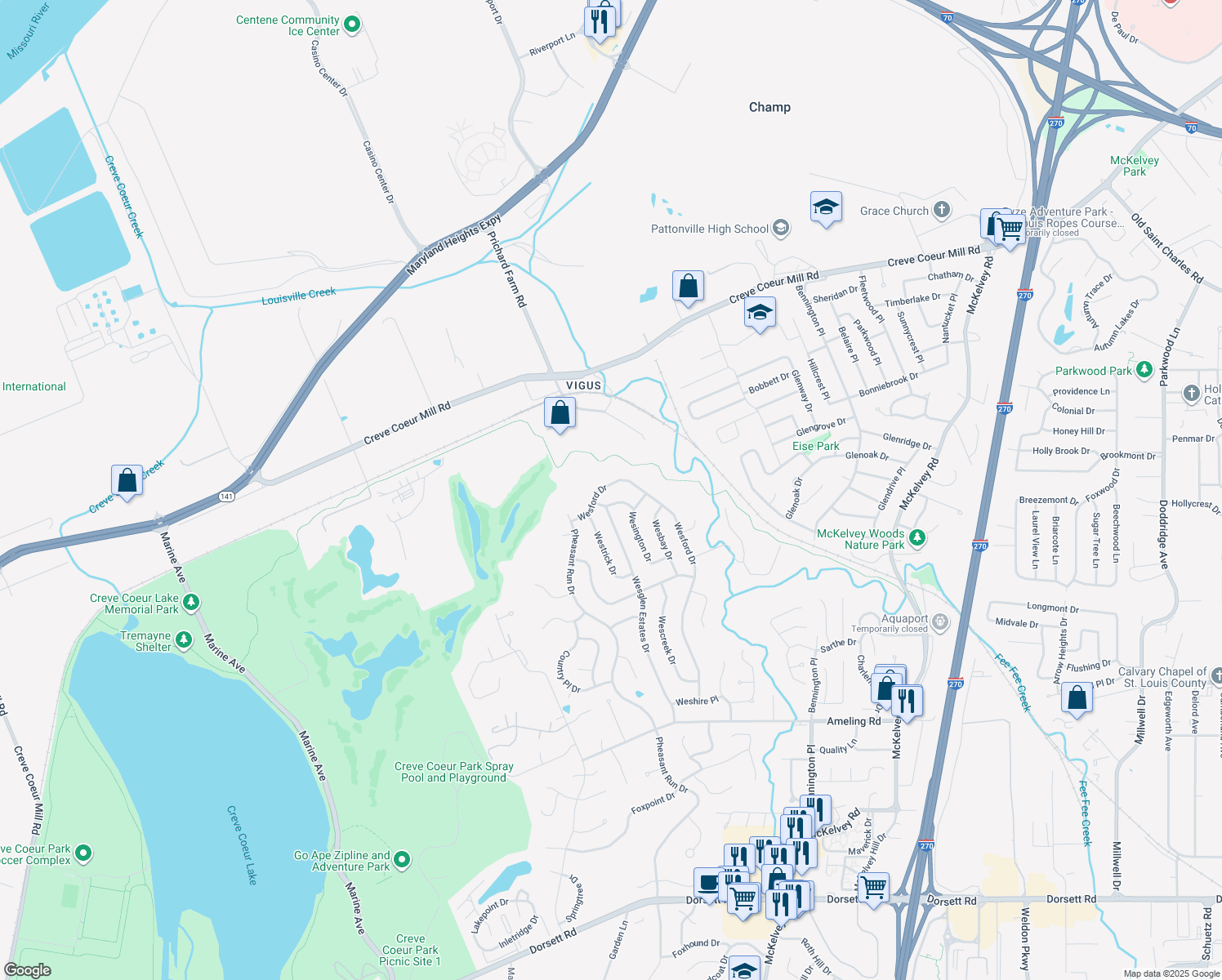 map of restaurants, bars, coffee shops, grocery stores, and more near 12026 Wesford Drive in Maryland Heights