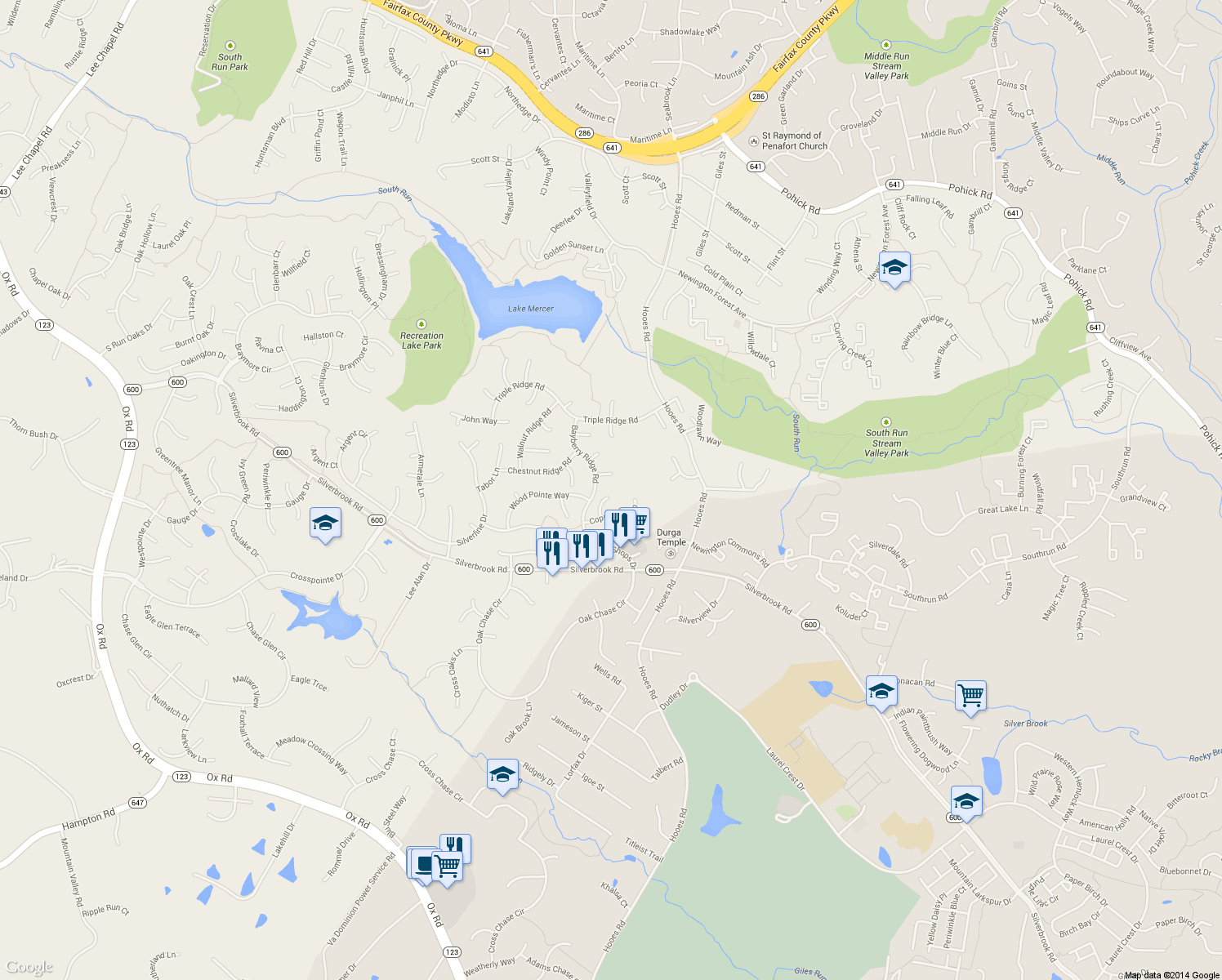 map of restaurants, bars, coffee shops, grocery stores, and more near 8400 Copperleaf Court in Fairfax Station
