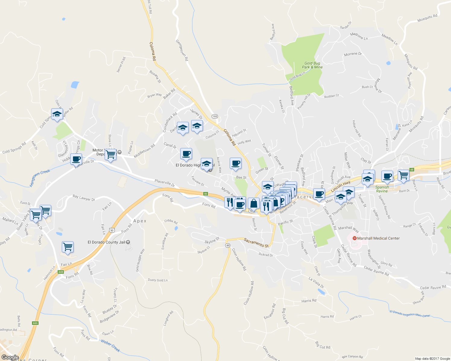 map of restaurants, bars, coffee shops, grocery stores, and more near 603 Canal Street in Placerville