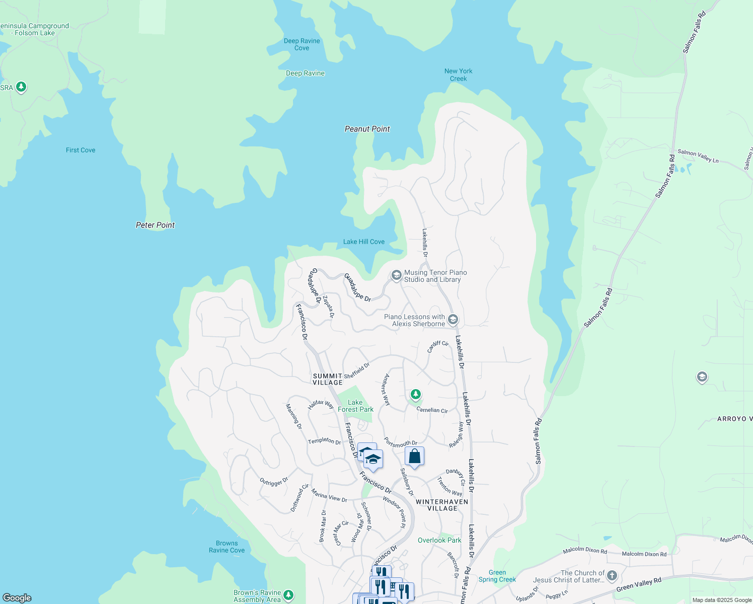 map of restaurants, bars, coffee shops, grocery stores, and more near 620 Guadalupe Drive in El Dorado Hills