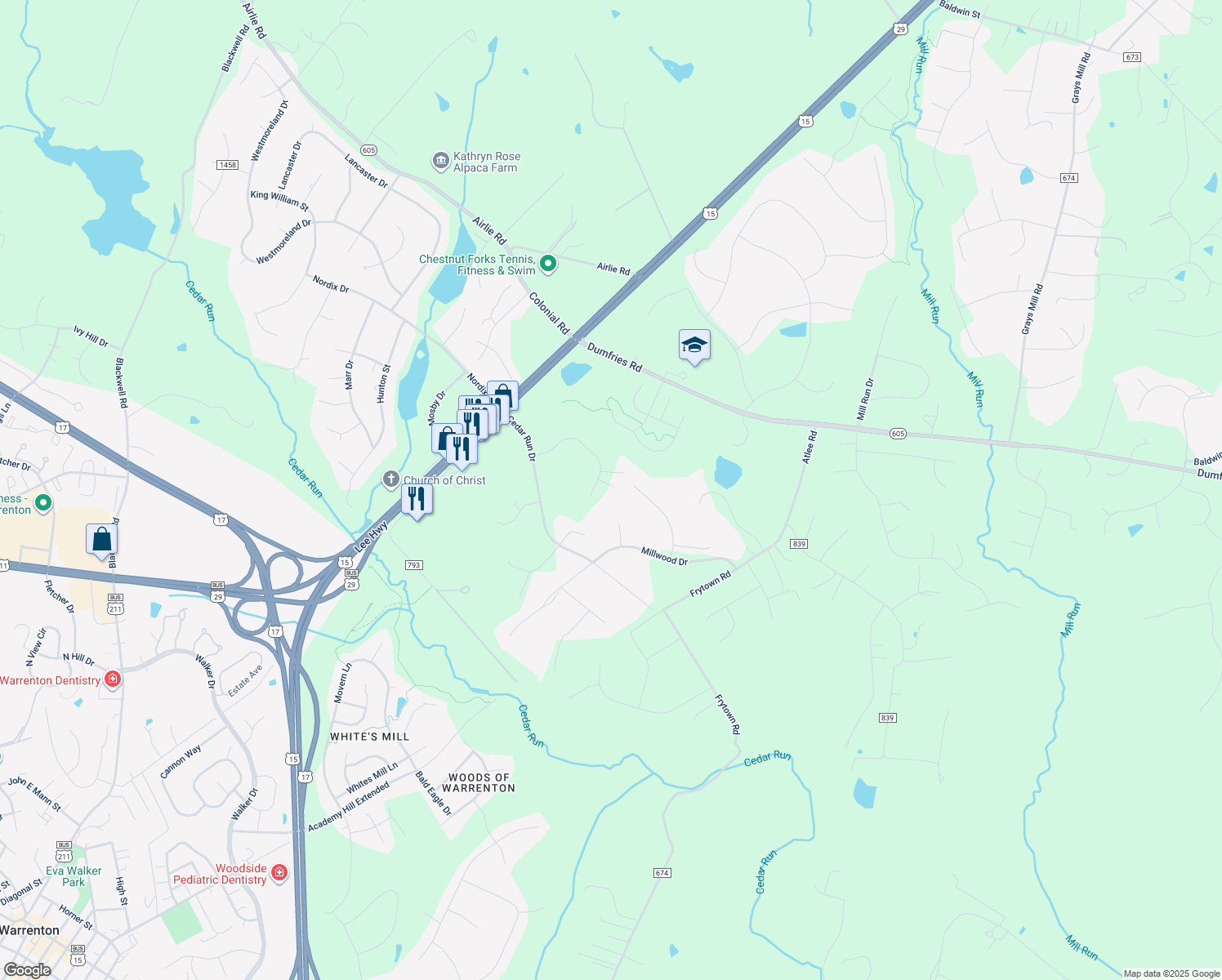 map of restaurants, bars, coffee shops, grocery stores, and more near 6242 Highmeadow Place in Warrenton