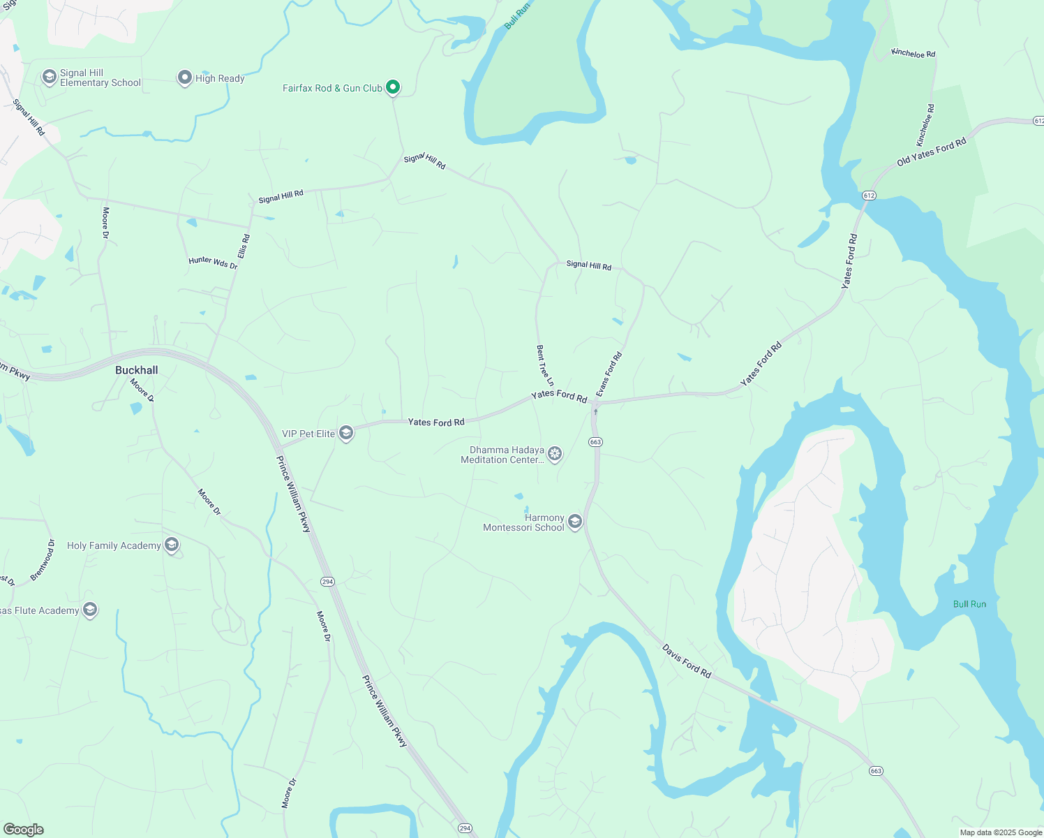 map of restaurants, bars, coffee shops, grocery stores, and more near 6815 Yates Ford Road in Manassas