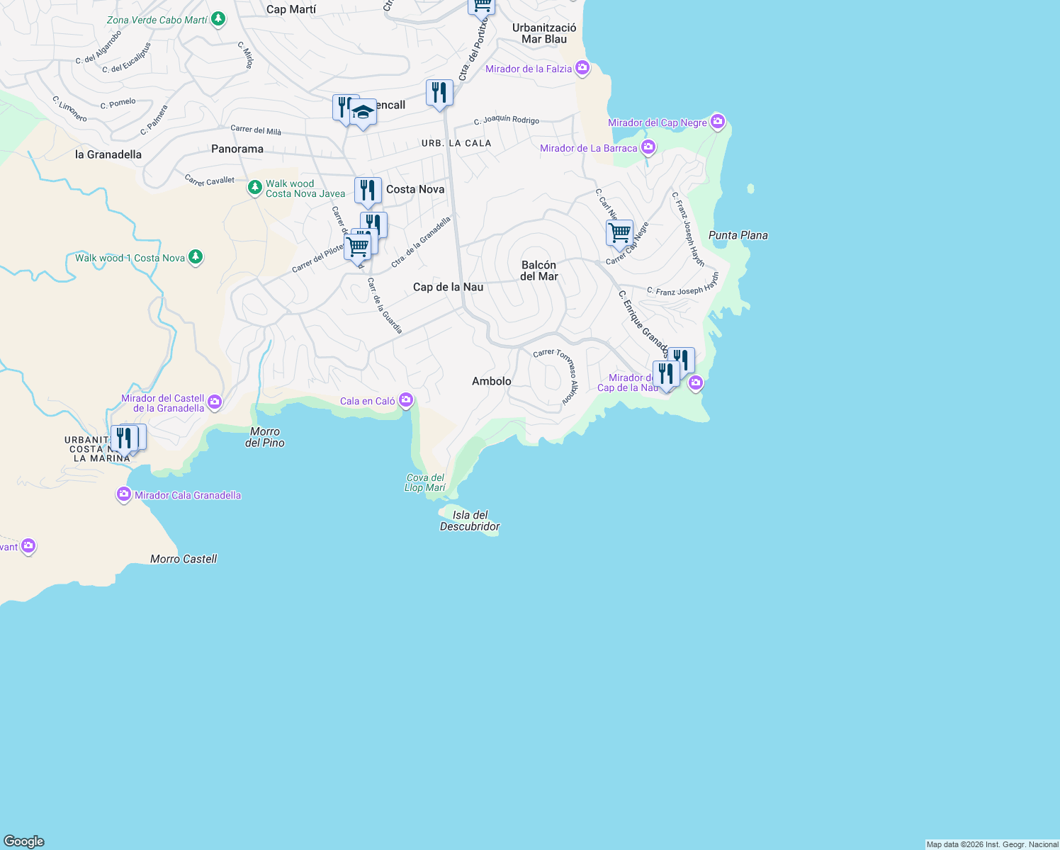 map of restaurants, bars, coffee shops, grocery stores, and more near Calle Richard Wagner in Jávea