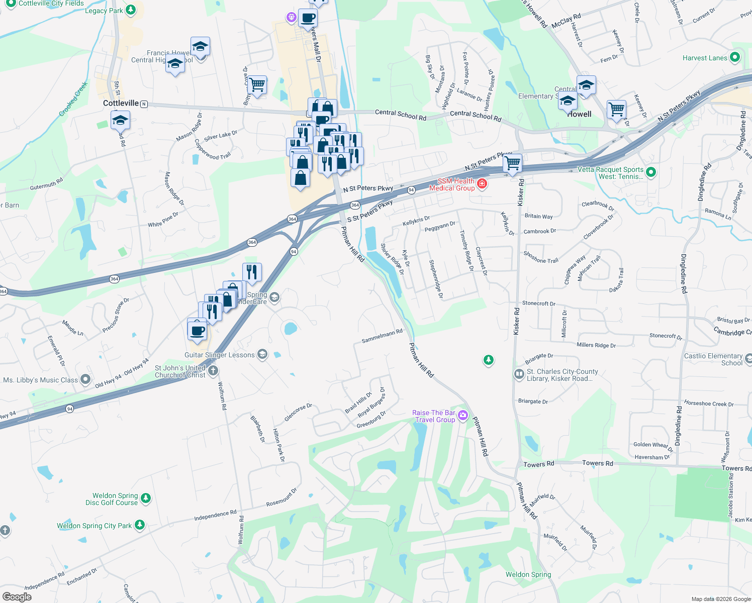 map of restaurants, bars, coffee shops, grocery stores, and more near 1402 Lucerne Place in Weldon Spring