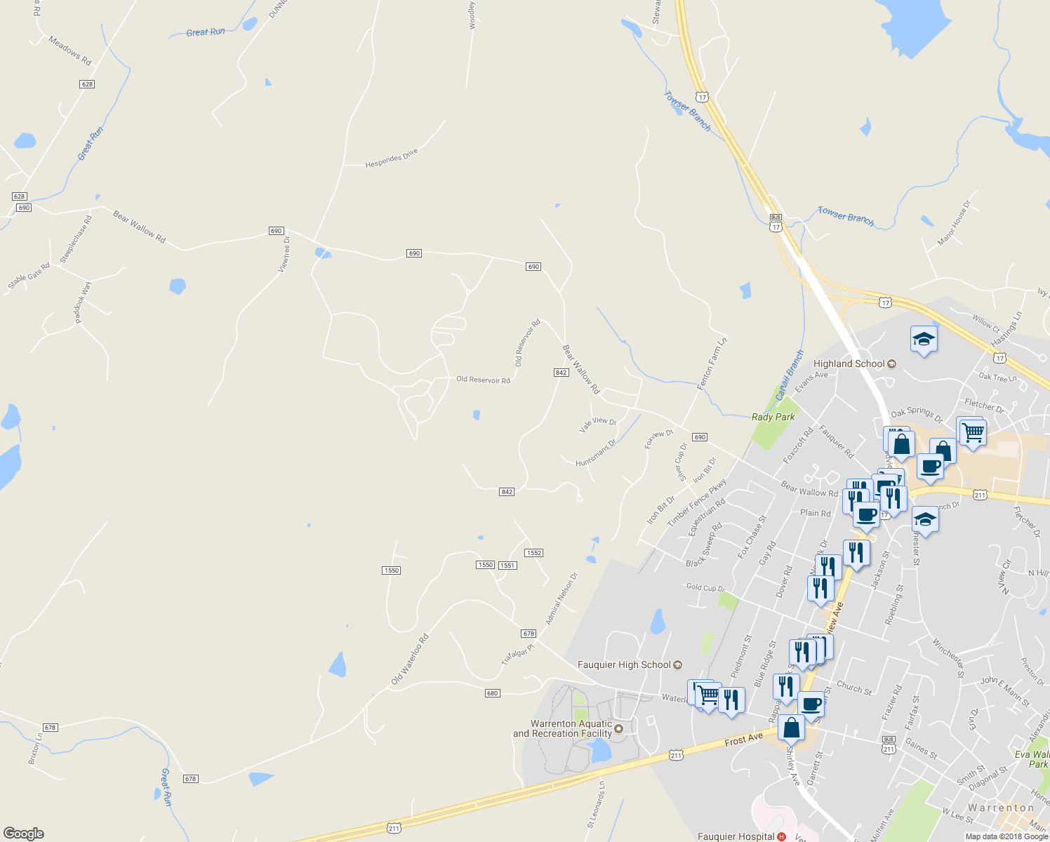 map of restaurants, bars, coffee shops, grocery stores, and more near 7436 Bear Wallow Drive in Warrenton