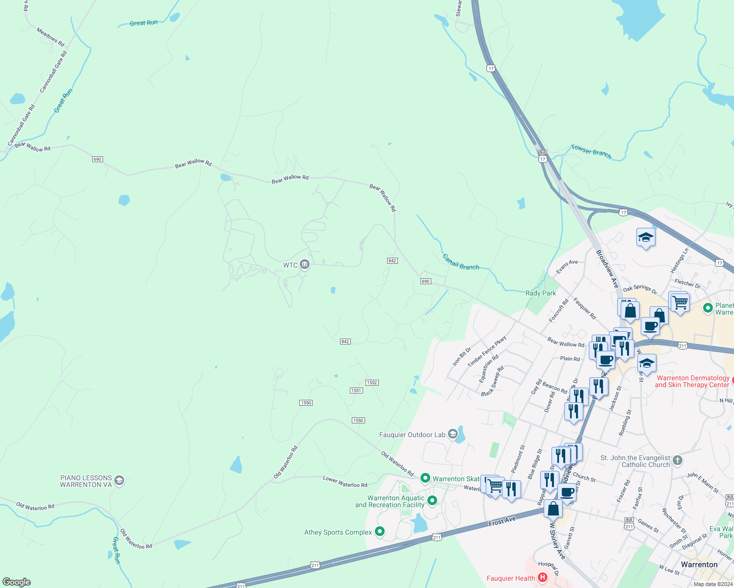 map of restaurants, bars, coffee shops, grocery stores, and more near 7436 Bear Wallow Drive in Warrenton