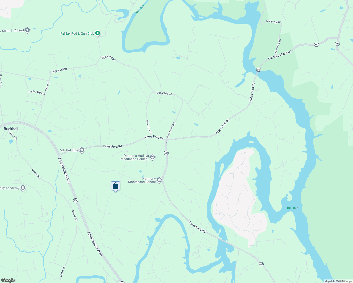 map of restaurants, bars, coffee shops, grocery stores, and more near 6425 Yates Ford Road in Manassas