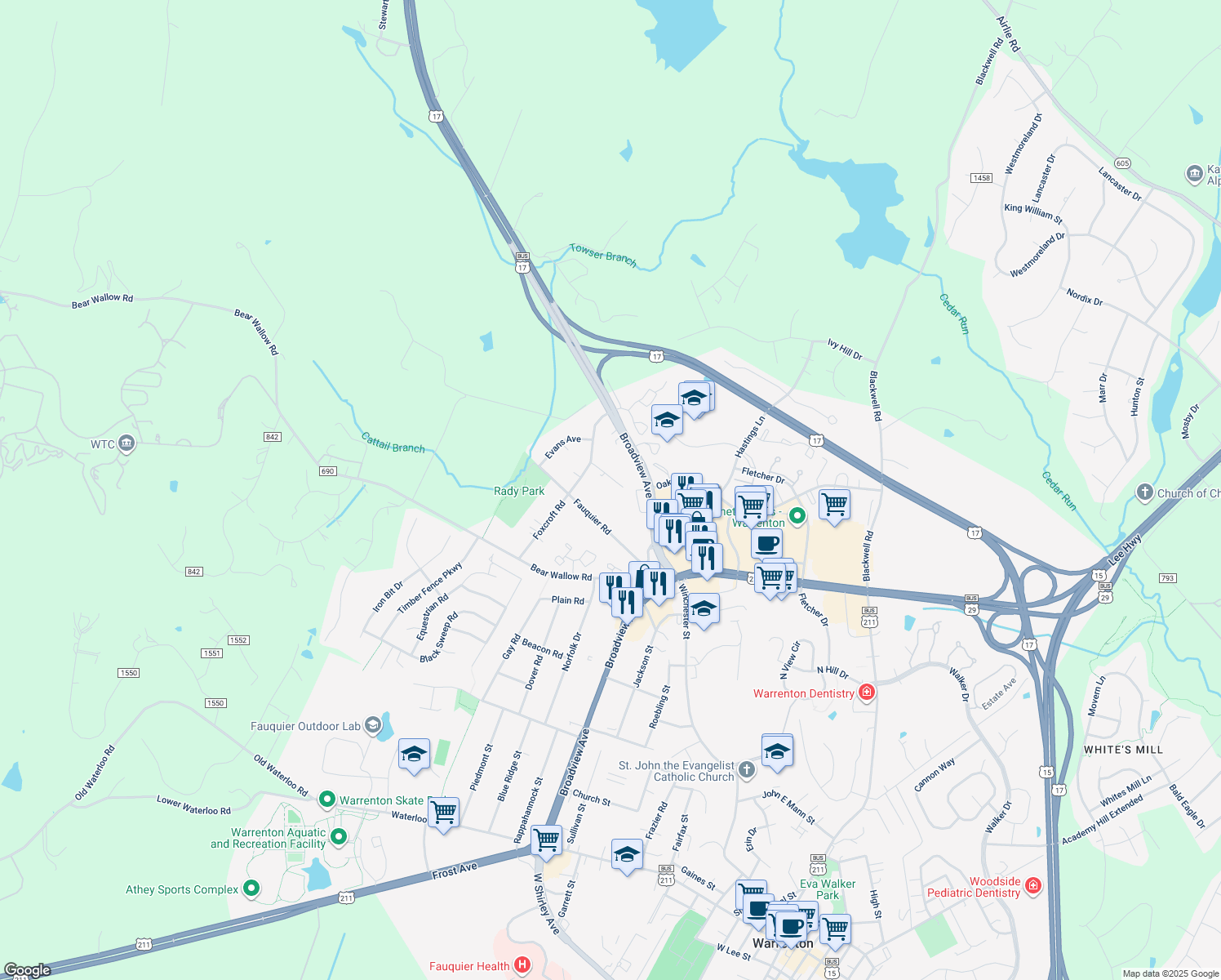 map of restaurants, bars, coffee shops, grocery stores, and more near 550 Solgrove Road in Warrenton