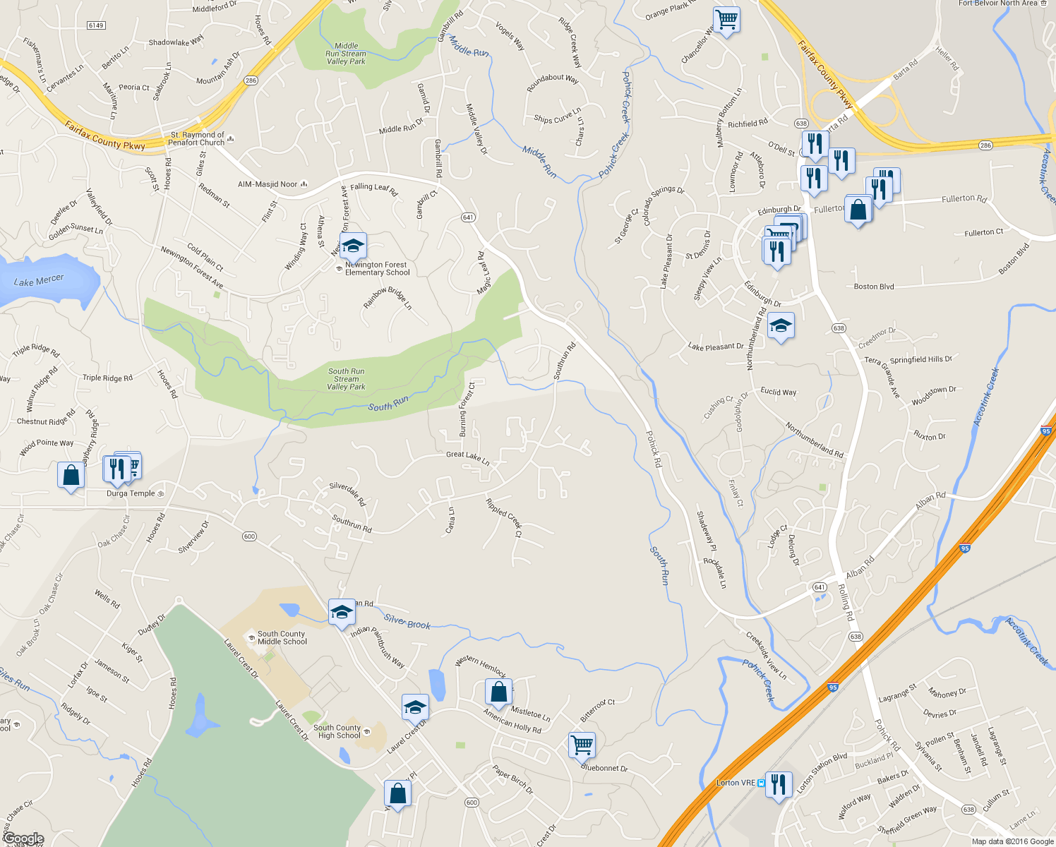 map of restaurants, bars, coffee shops, grocery stores, and more near 8312 Brookvale Court in Springfield