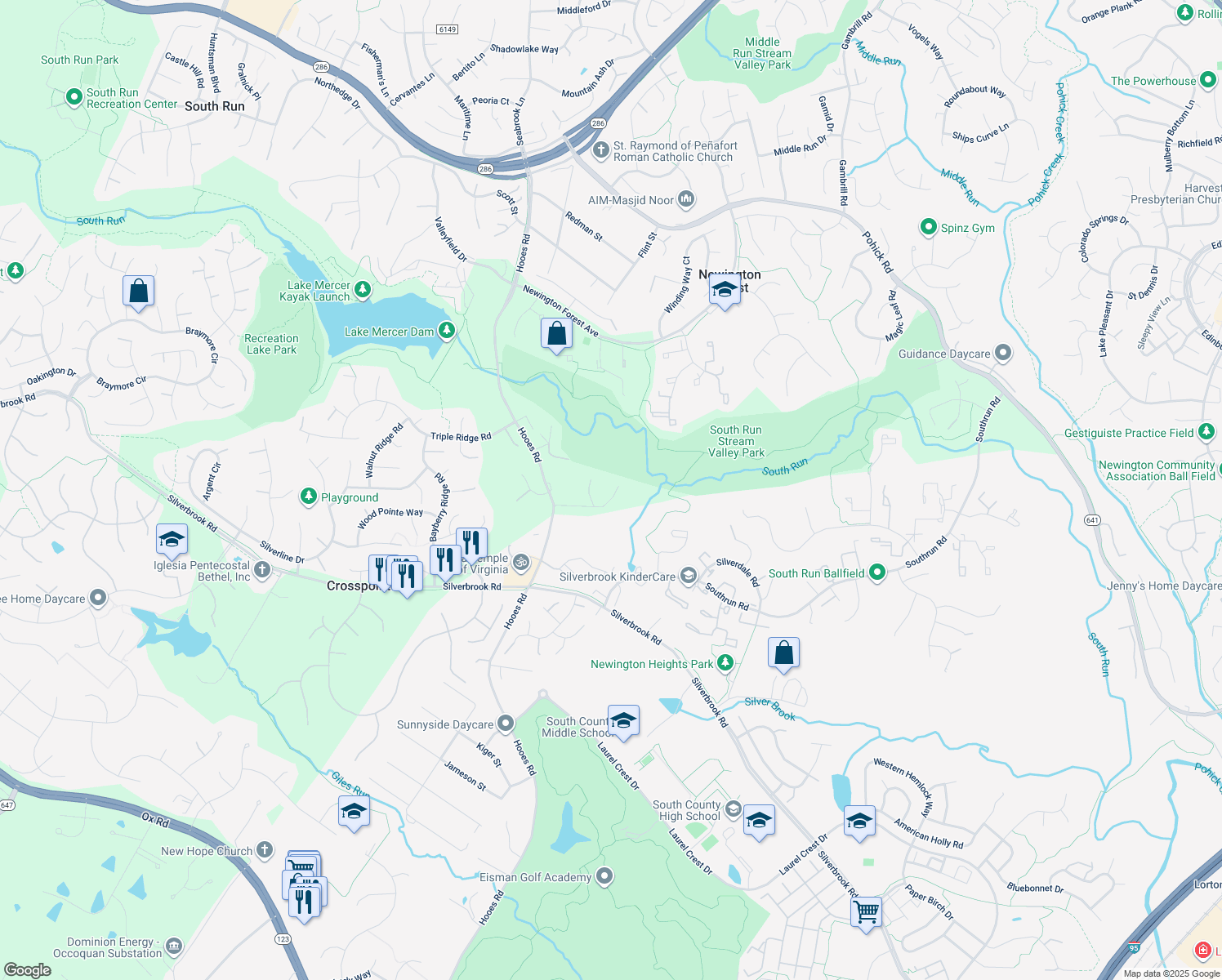 map of restaurants, bars, coffee shops, grocery stores, and more near 8308 Linden Oaks Ct in Lorton
