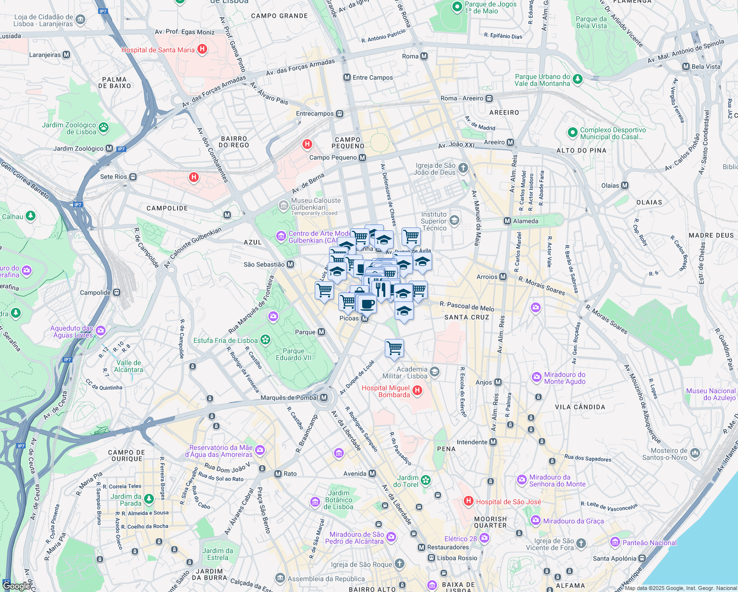 map of restaurants, bars, coffee shops, grocery stores, and more near 41 Avenida Fontes Pereira de Melo in Lisboa