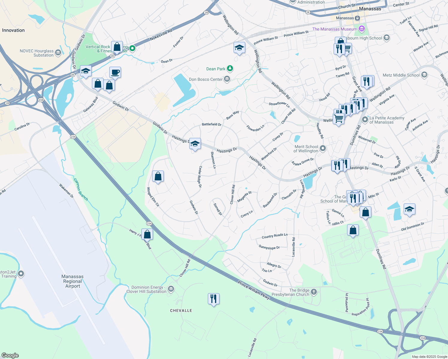 map of restaurants, bars, coffee shops, grocery stores, and more near 10103 Makelys Way in Manassas