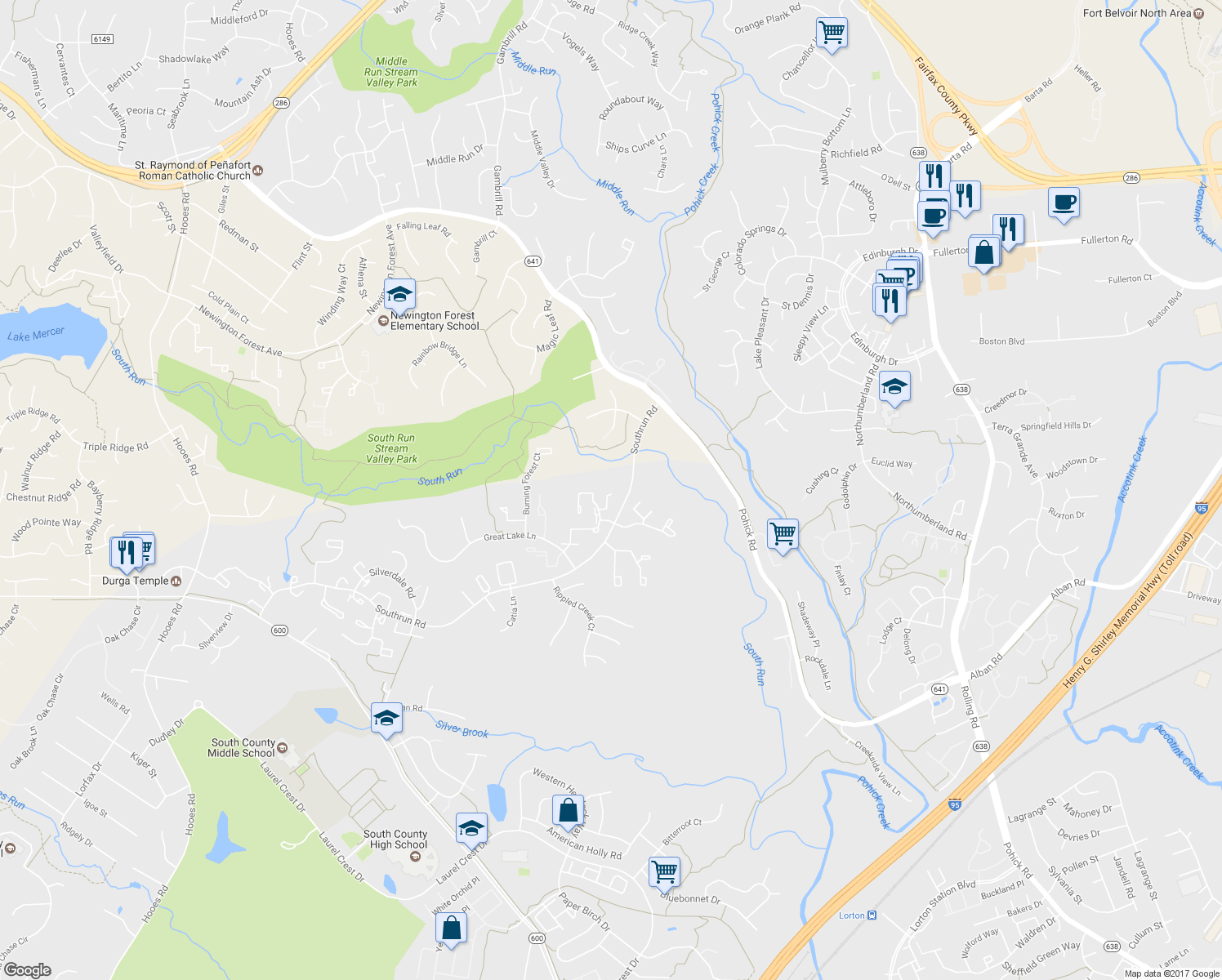 map of restaurants, bars, coffee shops, grocery stores, and more near 8305 Brookvale Court in Springfield