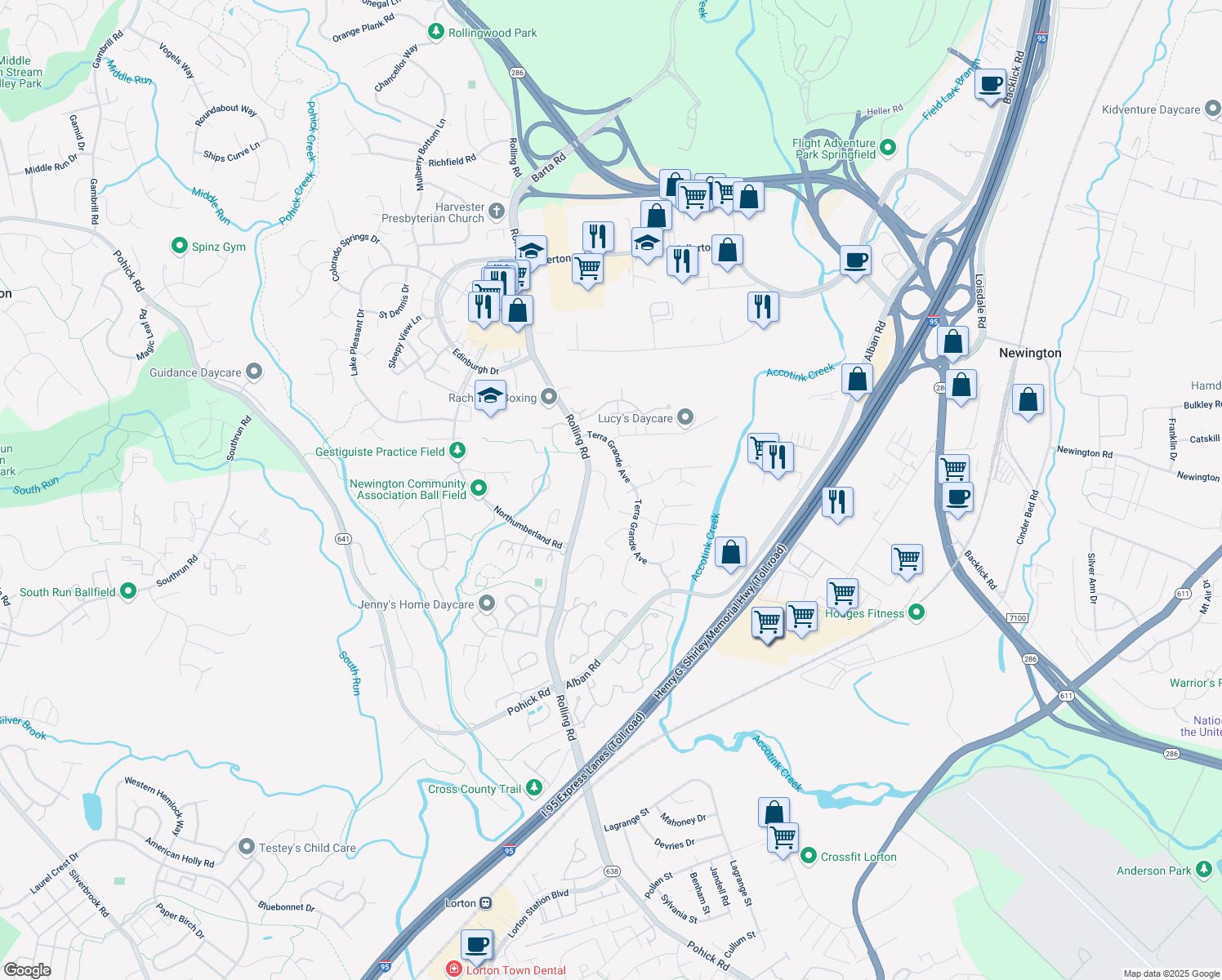 map of restaurants, bars, coffee shops, grocery stores, and more near 8263 Hornbuckle Drive in Springfield