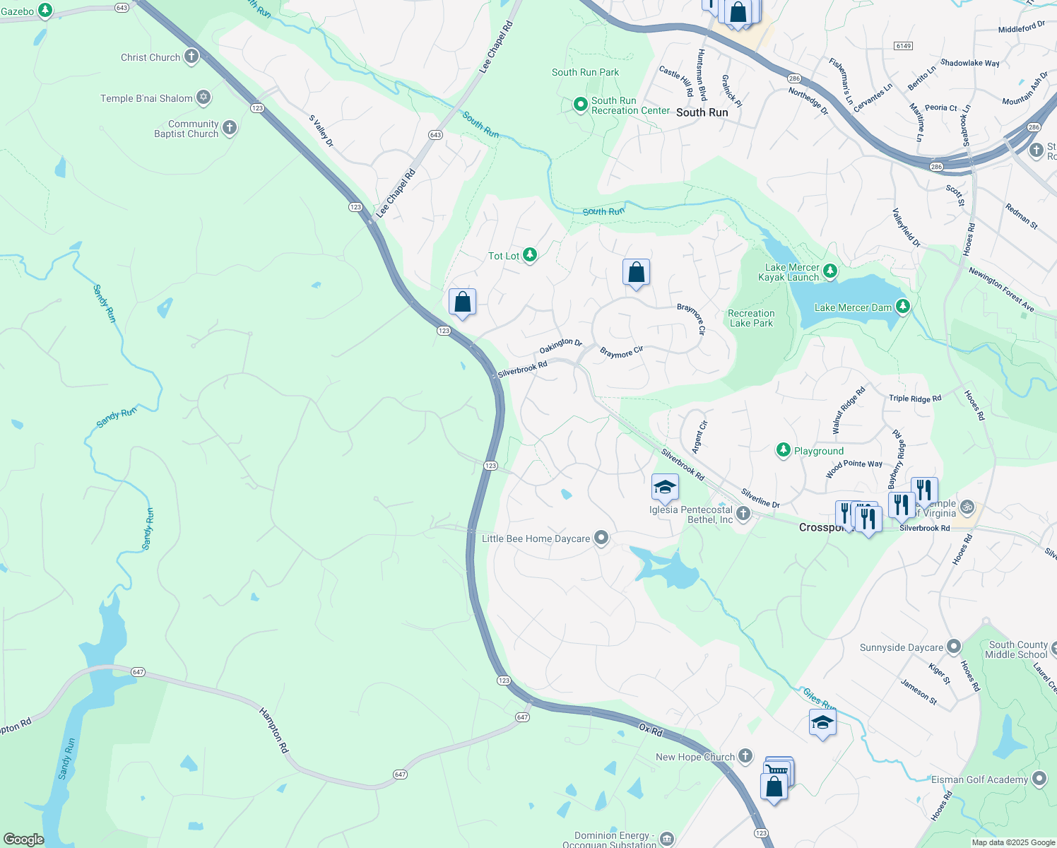 map of restaurants, bars, coffee shops, grocery stores, and more near 8301 Greentree Manor Lane in Fairfax Station