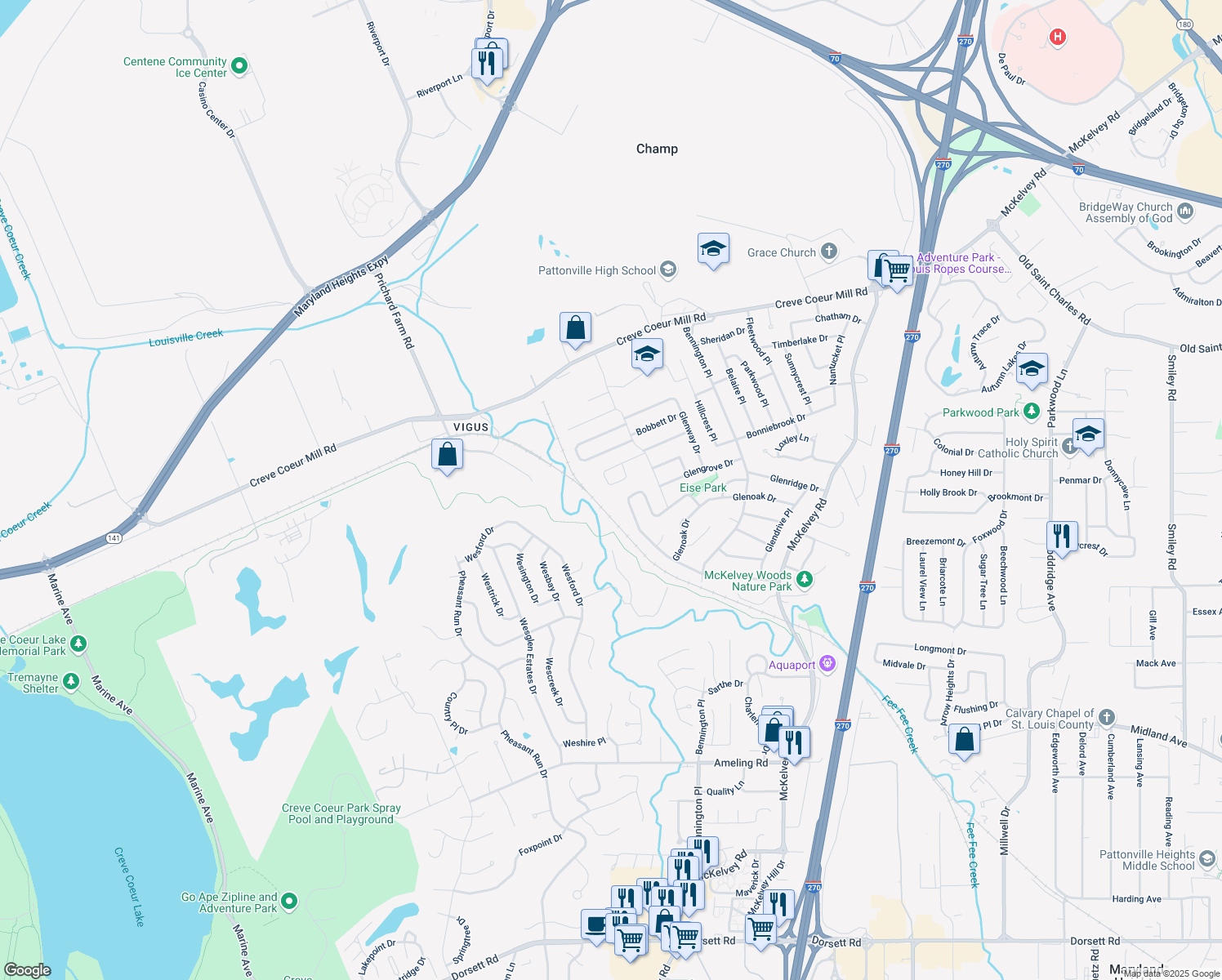 map of restaurants, bars, coffee shops, grocery stores, and more near 2819 James Christopher Dr in Maryland Heights