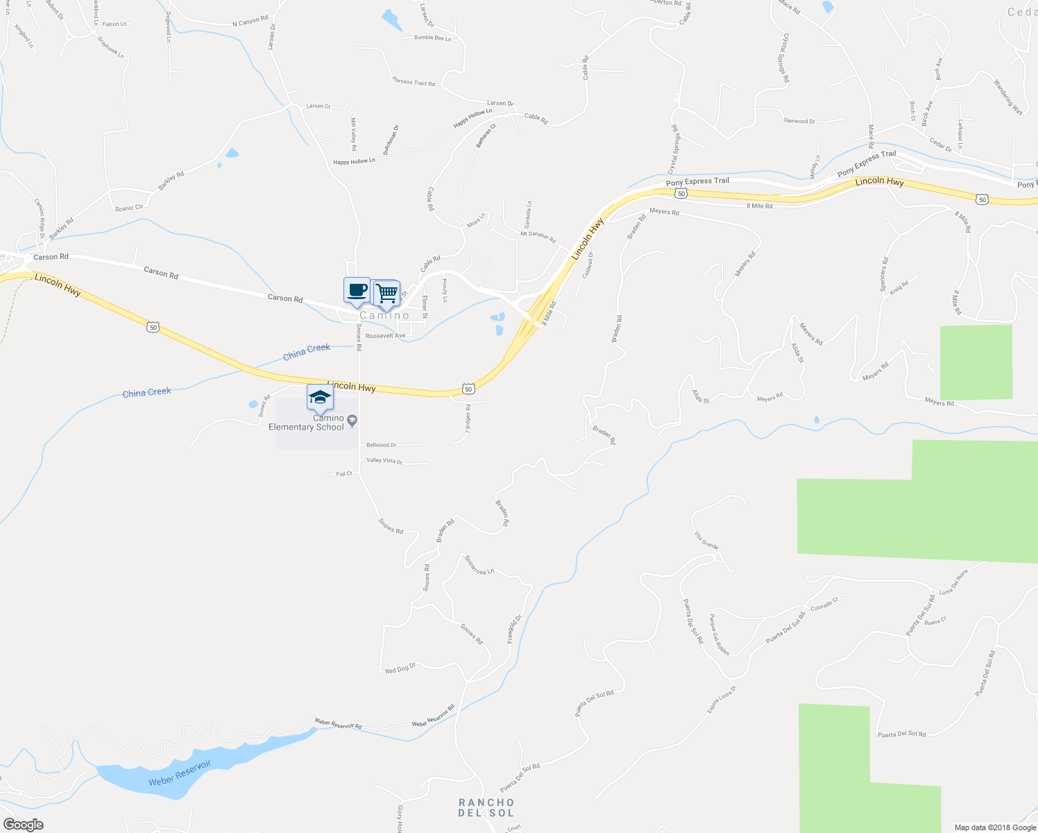 map of restaurants, bars, coffee shops, grocery stores, and more near 4152 7 Ridges Court in Camino
