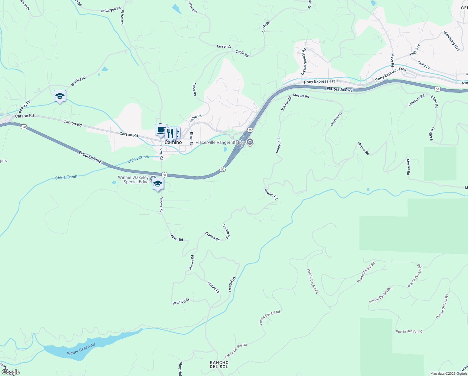 map of restaurants, bars, coffee shops, grocery stores, and more near 4152 7 Ridges Court in Camino