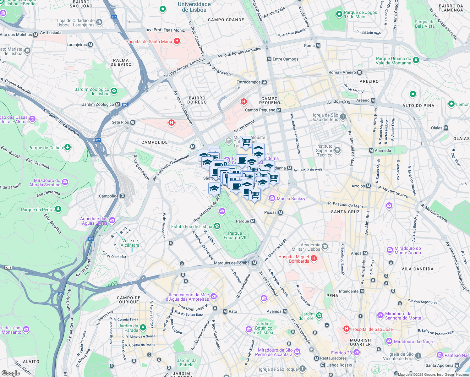 map of restaurants, bars, coffee shops, grocery stores, and more near 122 Avenida António Augusto de Aguiar in Lisboa