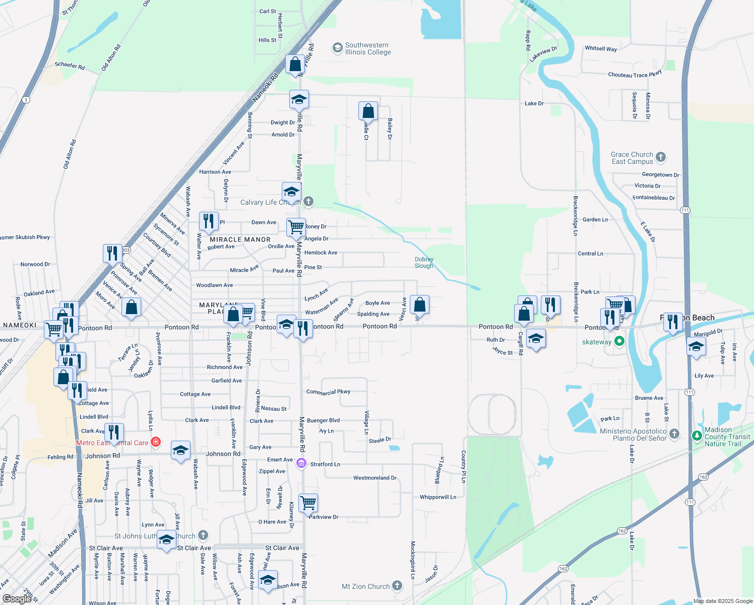 map of restaurants, bars, coffee shops, grocery stores, and more near 2549 Boyle Avenue in Granite City