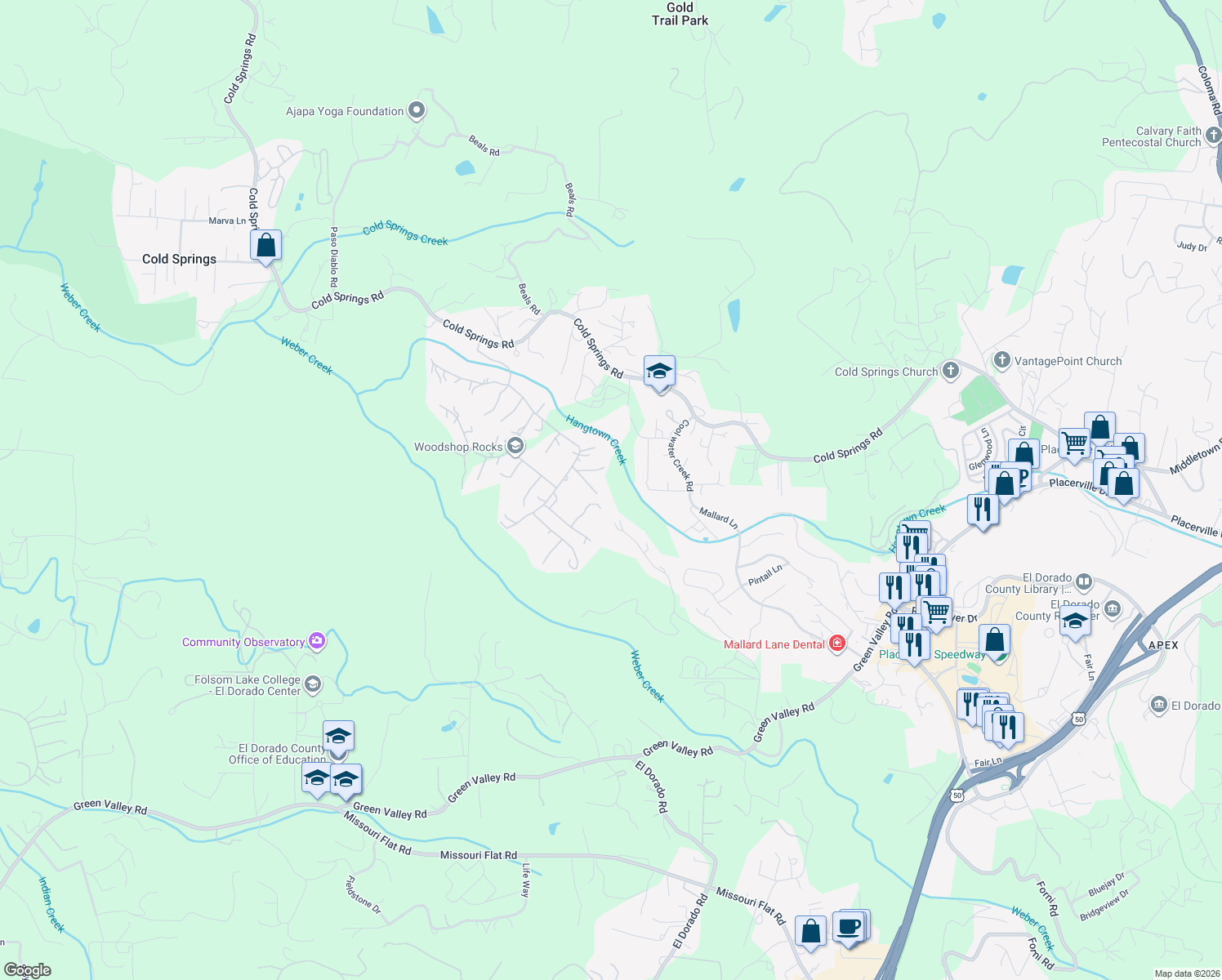 map of restaurants, bars, coffee shops, grocery stores, and more near 3021 Rising Hill Court in Placerville