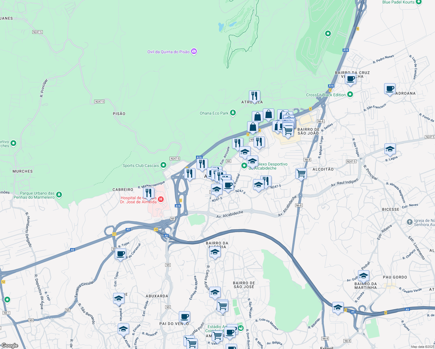 map of restaurants, bars, coffee shops, grocery stores, and more near 35 Rua Cesaltina Fialho Gouveia in Alcabideche