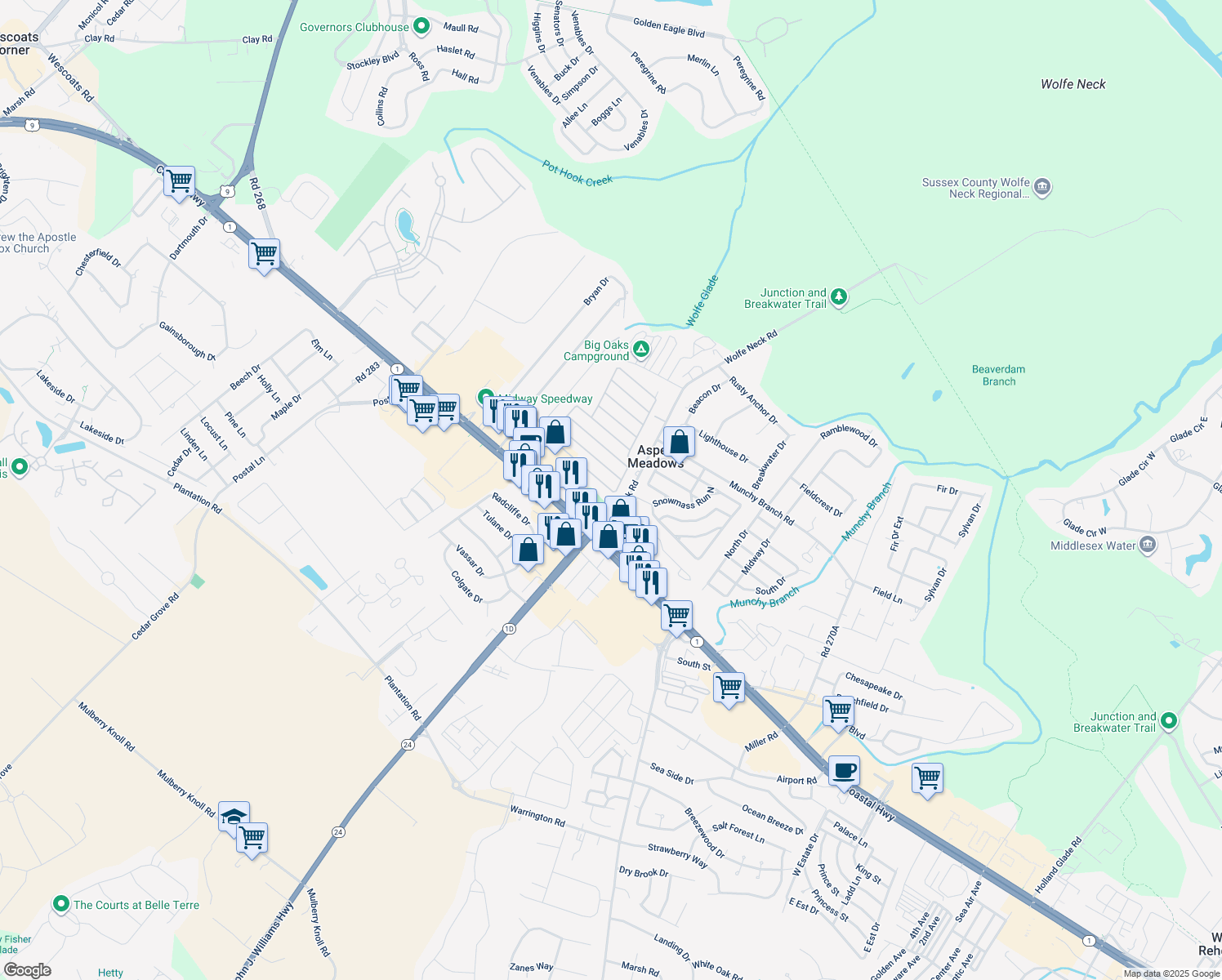 map of restaurants, bars, coffee shops, grocery stores, and more near 16 Colonial Lane in Rehoboth Beach
