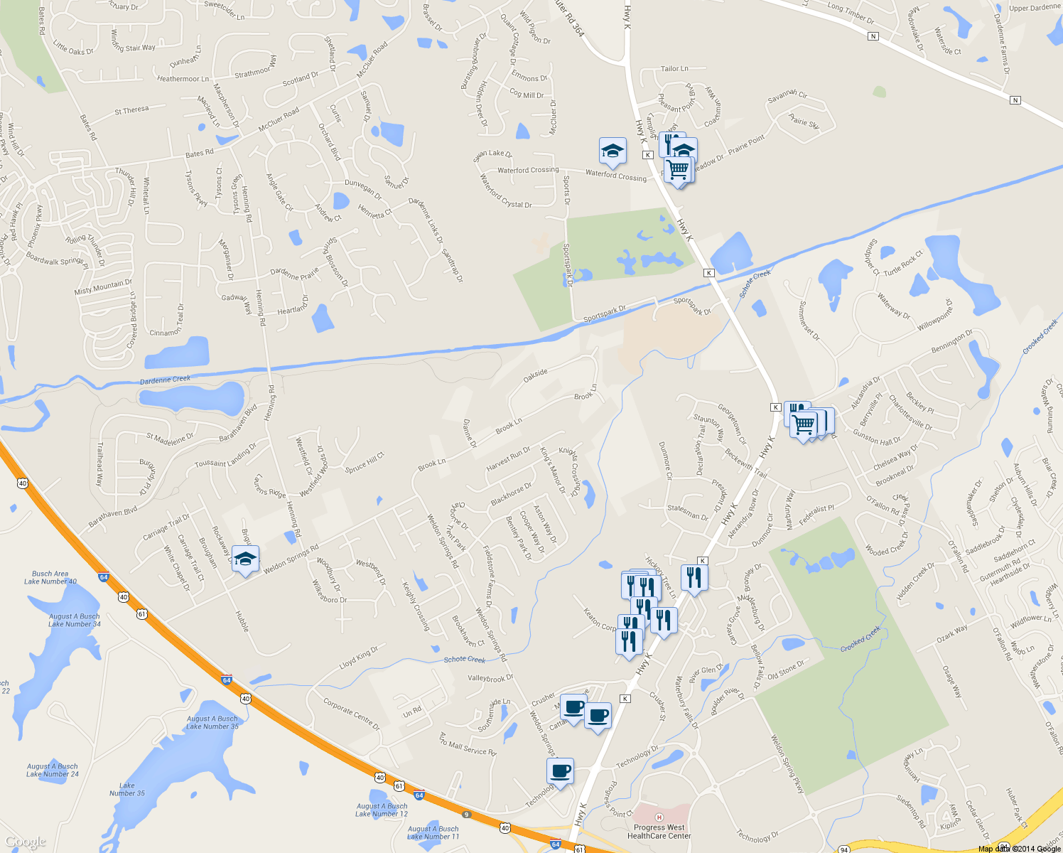 map of restaurants, bars, coffee shops, grocery stores, and more near 208 Brook Lane in O'Fallon