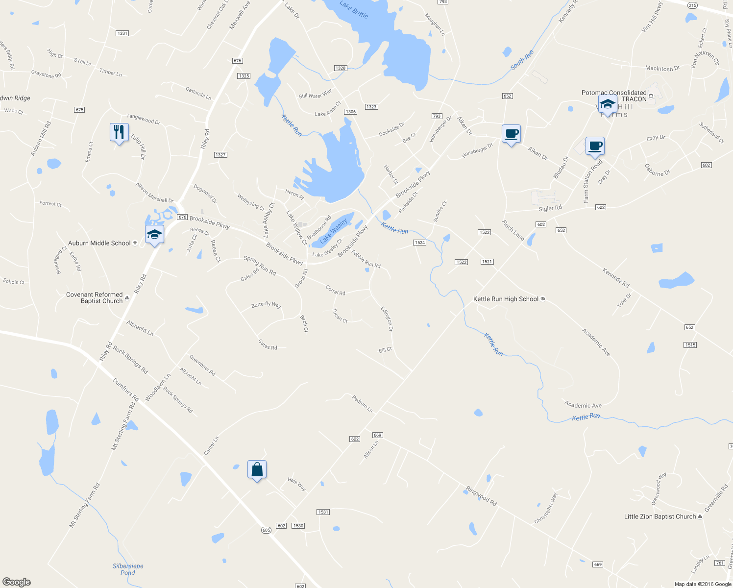 map of restaurants, bars, coffee shops, grocery stores, and more near 4421 Corral Road in Warrenton