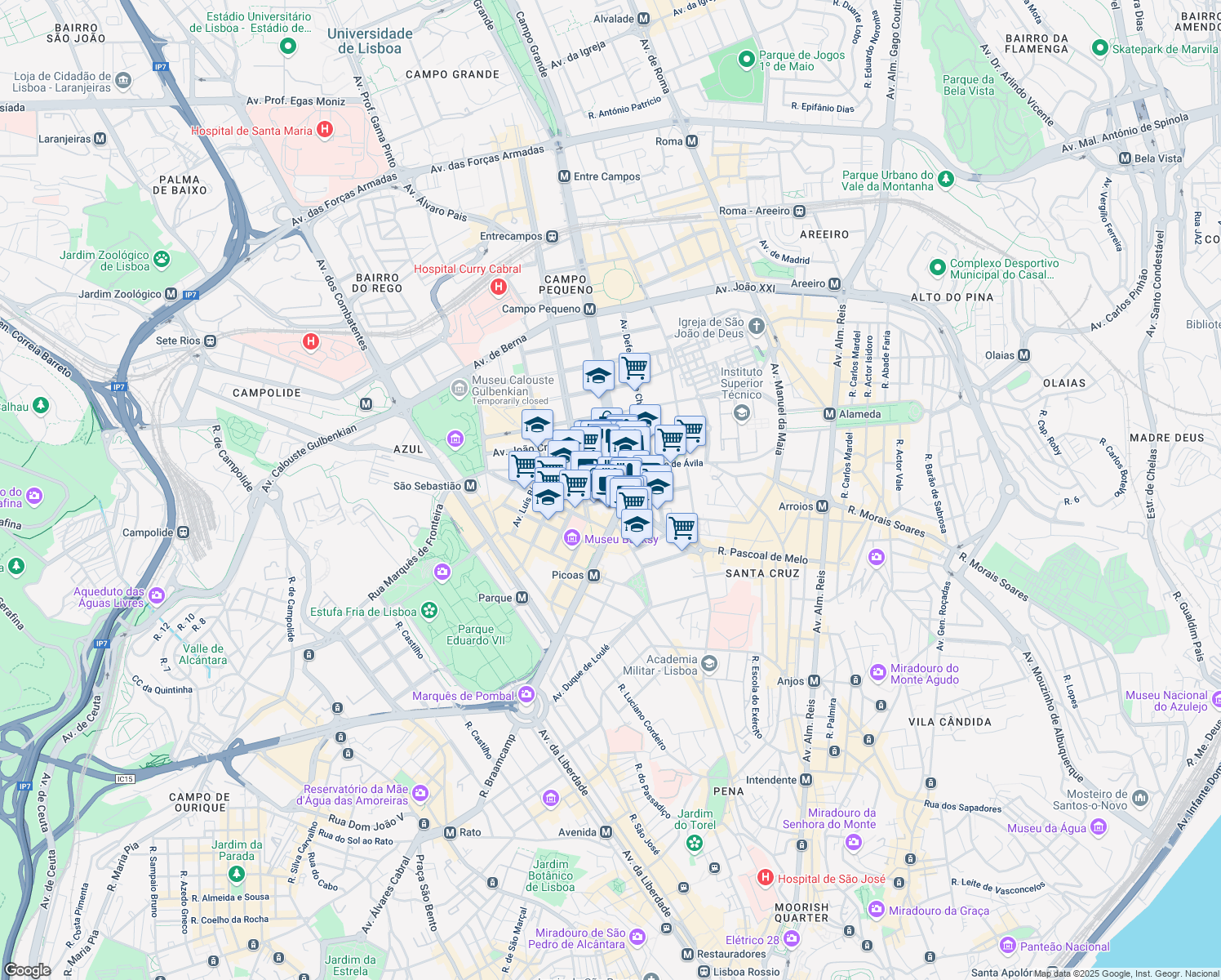 map of restaurants, bars, coffee shops, grocery stores, and more near 31 Praça Duque de Saldanha in Lisboa