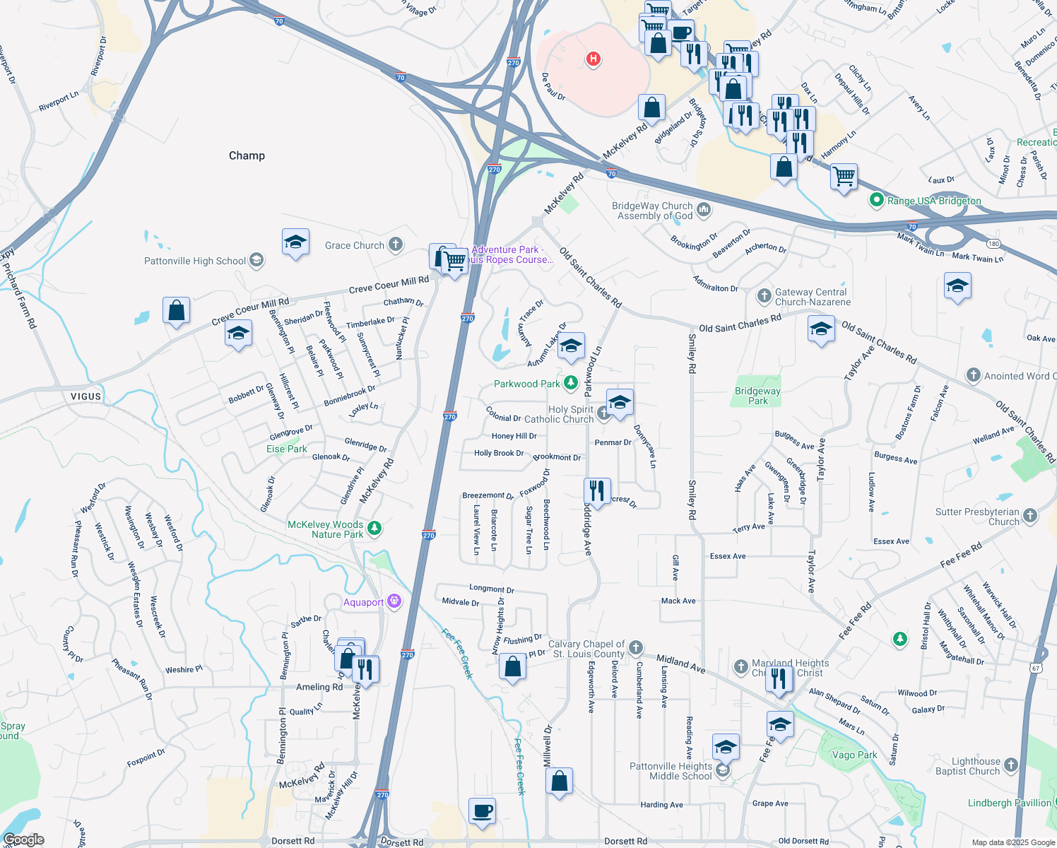 map of restaurants, bars, coffee shops, grocery stores, and more near 12020 Colonial Dr in Maryland Heights