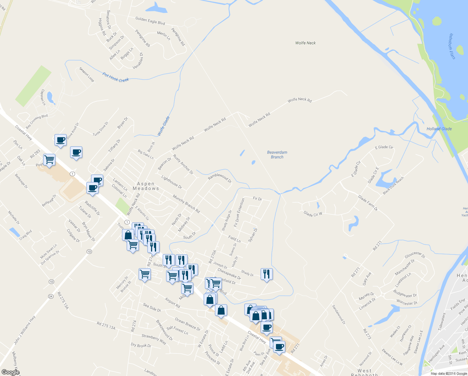 map of restaurants, bars, coffee shops, grocery stores, and more near 2049 Ramblewood Drive in Rehoboth Beach