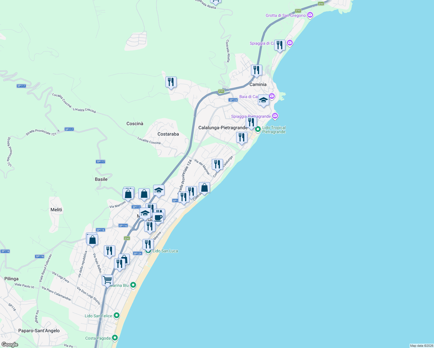 map of restaurants, bars, coffee shops, grocery stores, and more near 18 Contrada Calalunga in Calalunga-pietragrande